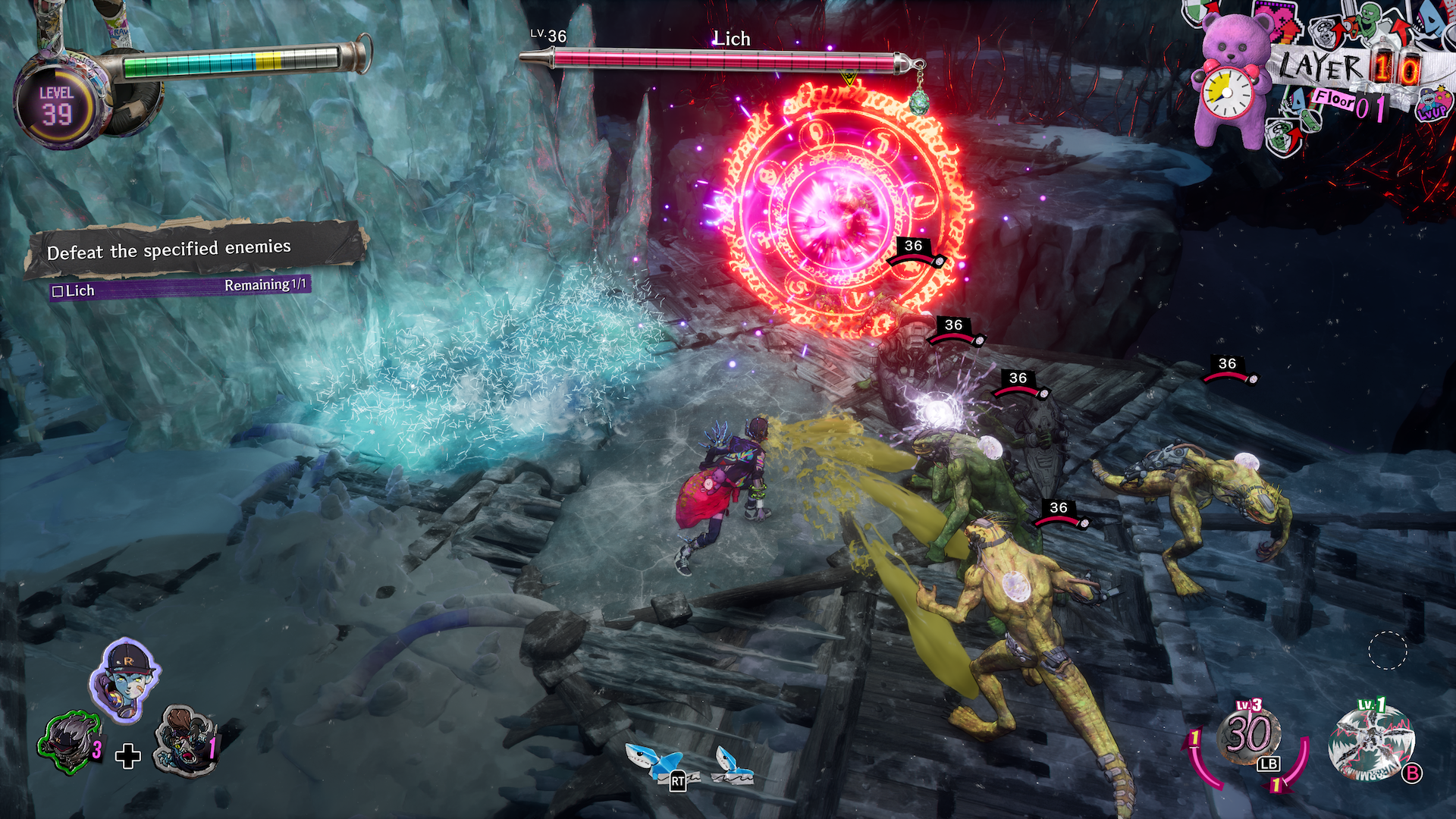 Davy faces enemies and a Lich health bar in an icy dungeon.