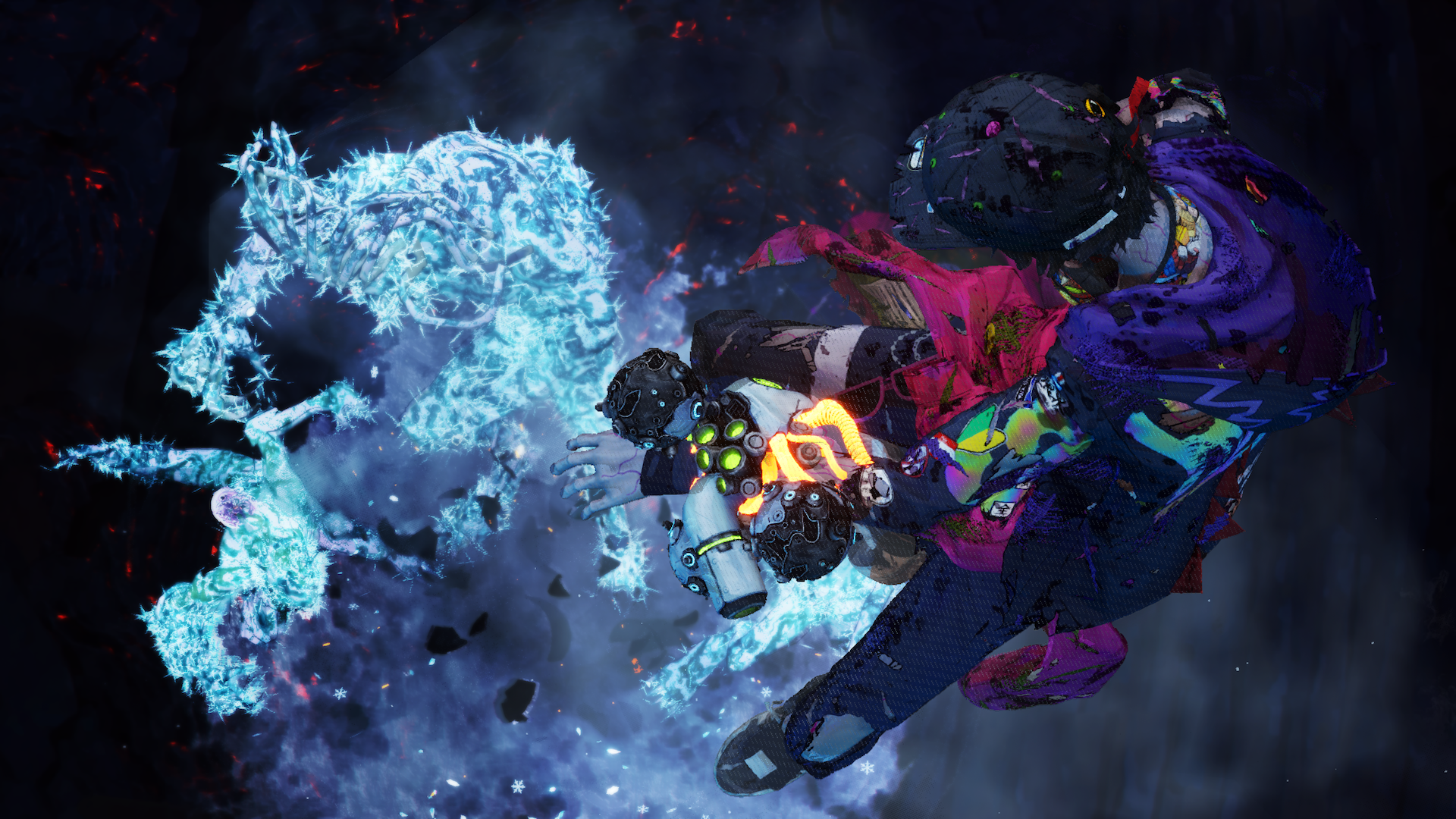 Davy aims mechanical arm gear beside a bright blue energy effect.