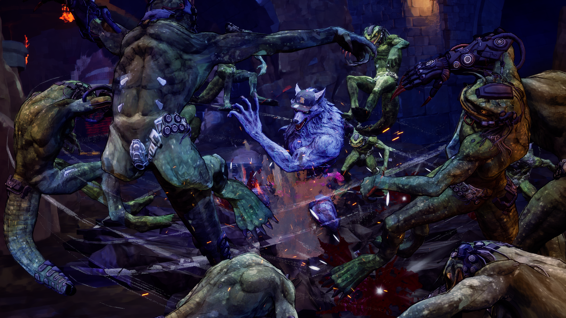 A blue werewolf-form character fights reptilian enemies in a stone dungeon.