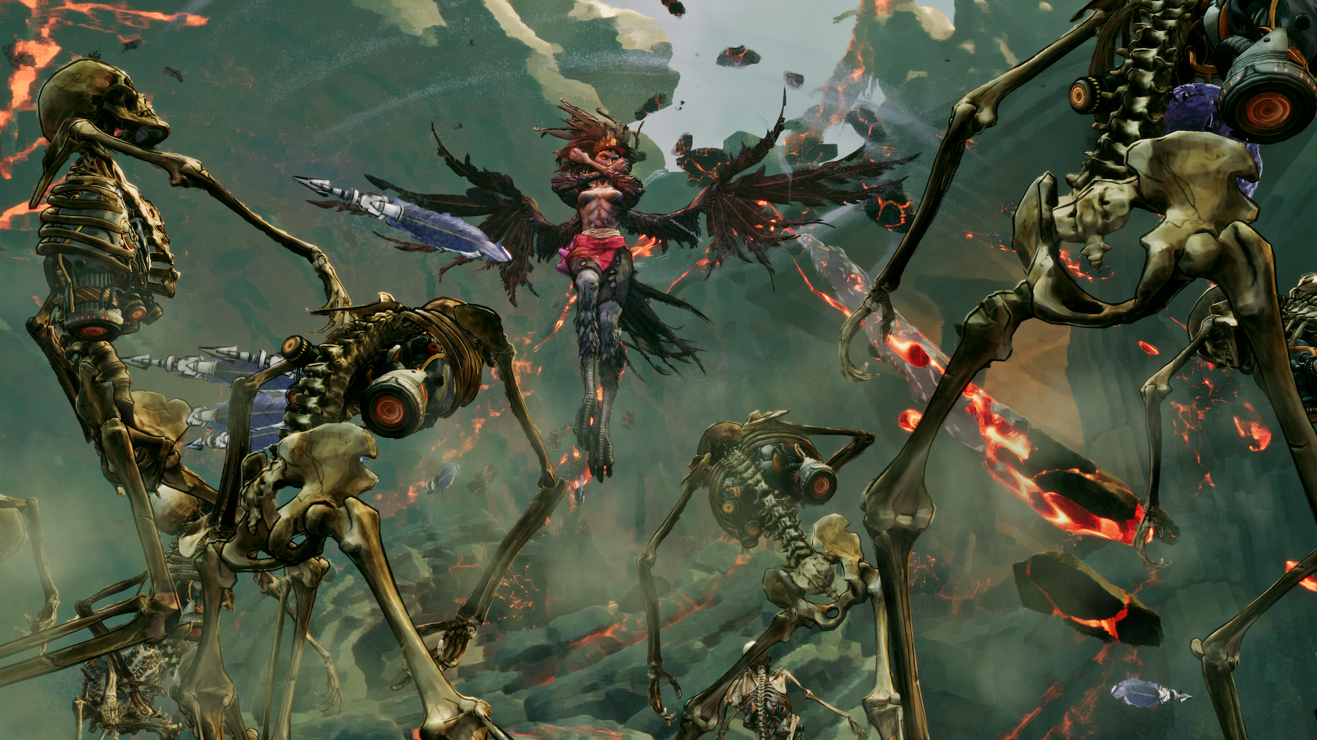 A winged character hovers between armed skeletons in a fiery dungeon.