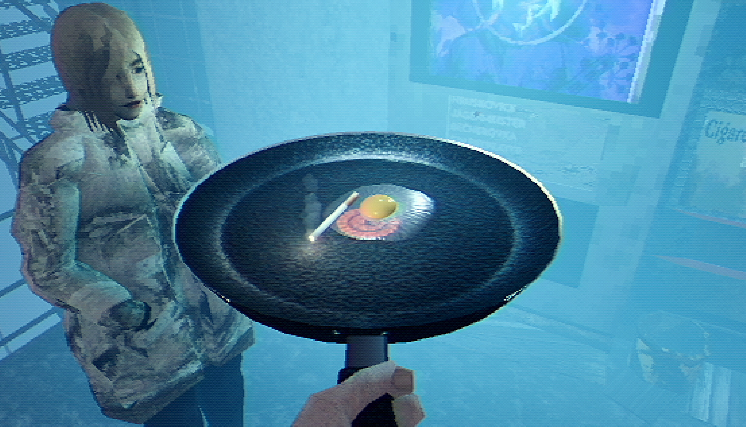 A frying pan with an egg and food faces an onlooker in a blue room.
