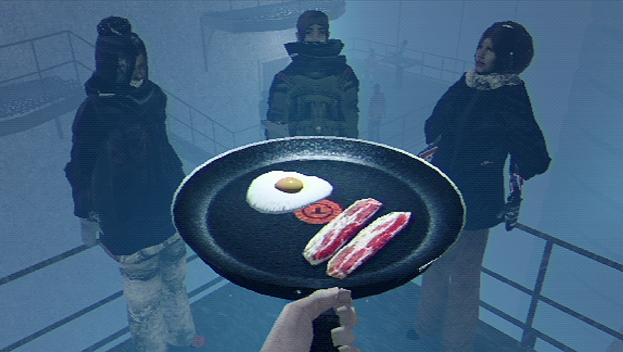 An egg and strips of bacon lie in a pan in front of three onlookers.