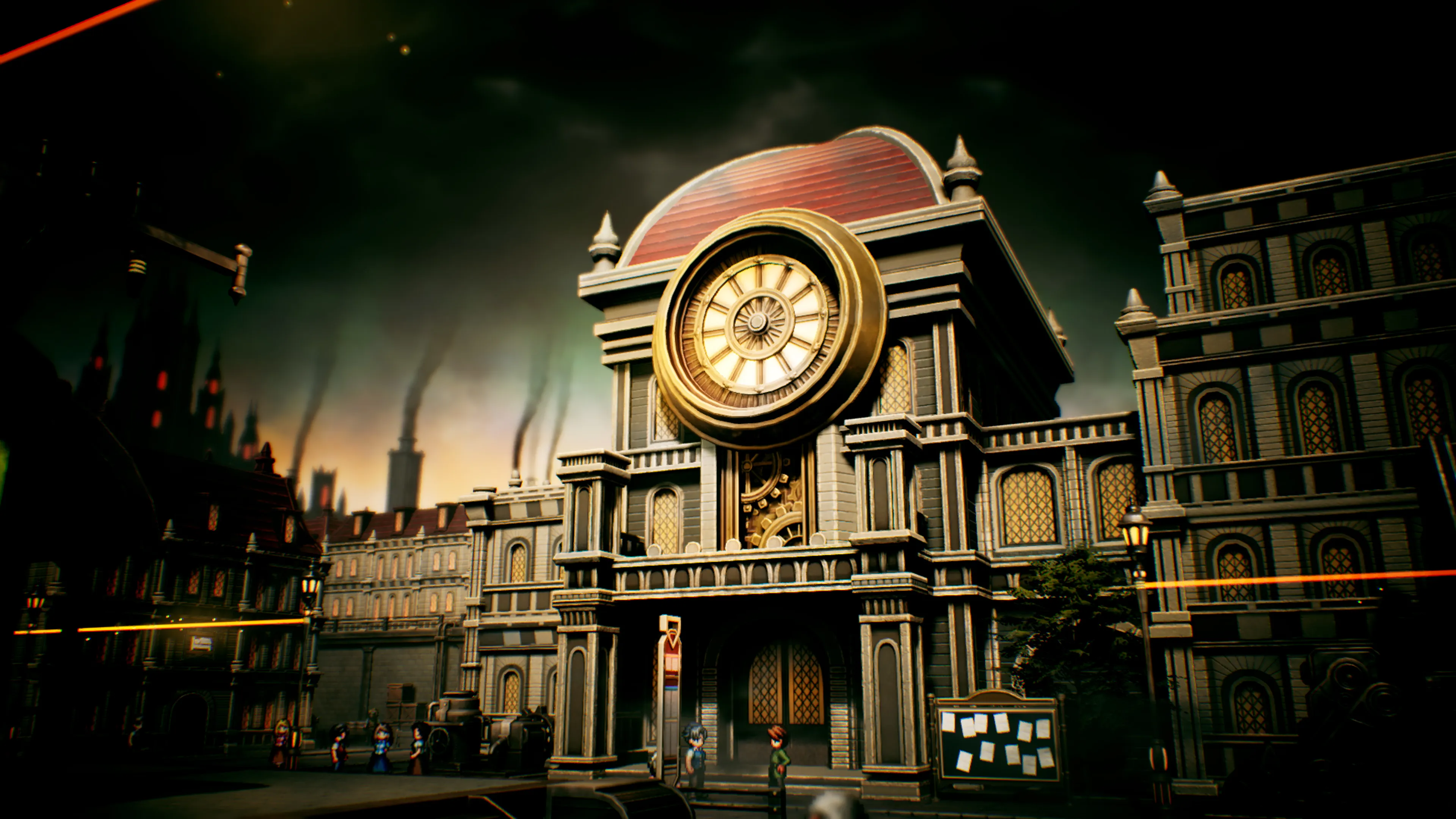 A large clock fronts an ornate city building with small pixel-art characters below.