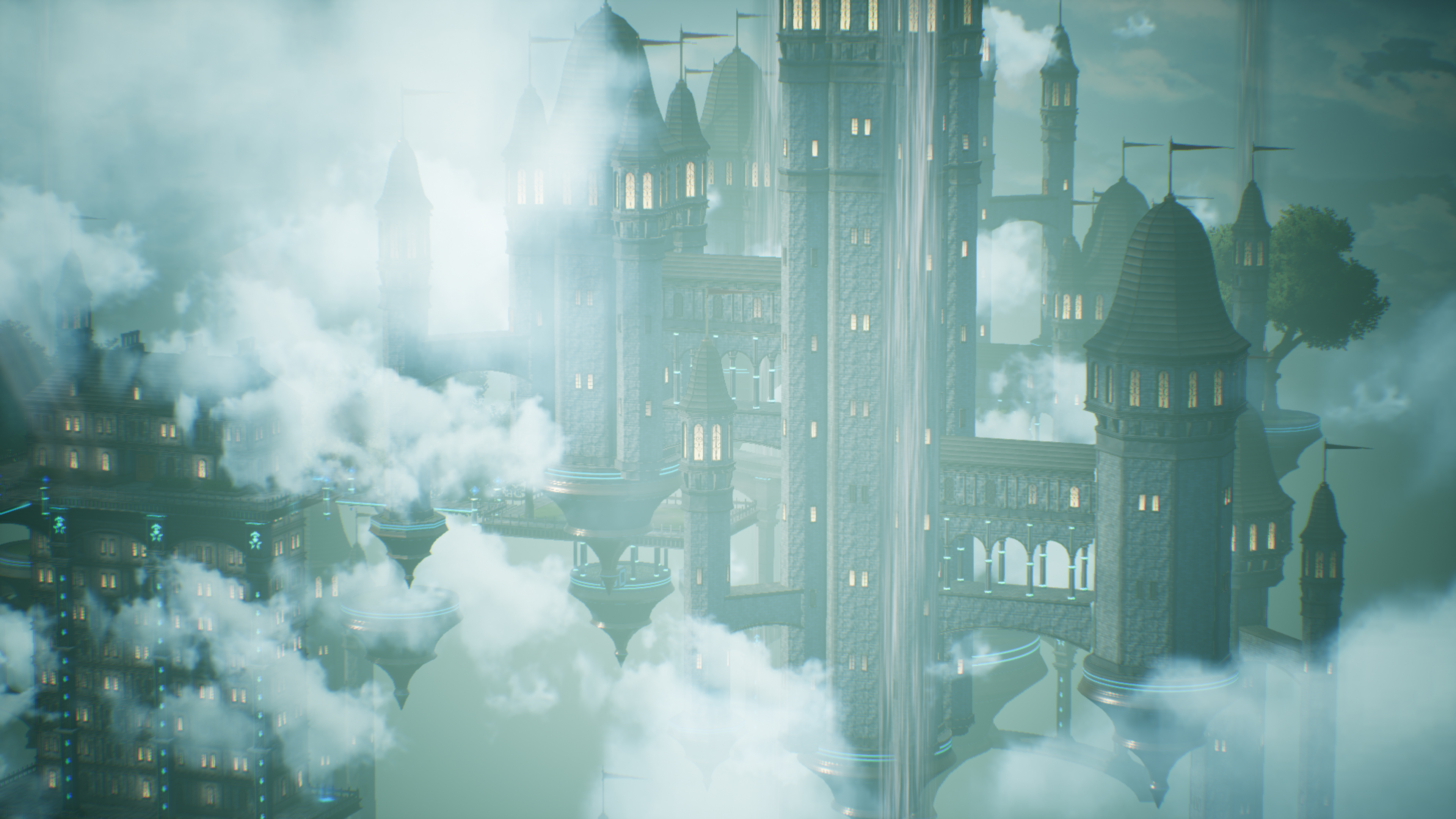 Stone towers and platforms float among clouds in an official Final Fantasy Resonance screenshot.
