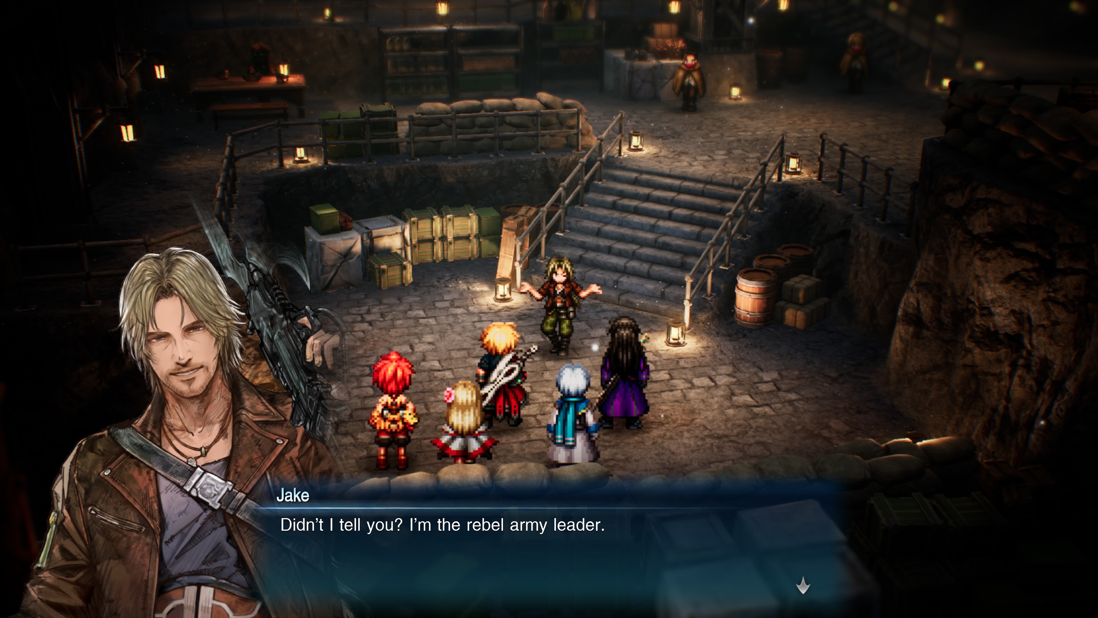 Jake's portrait and English dialogue appear beside a party standing in a dim stone interior.