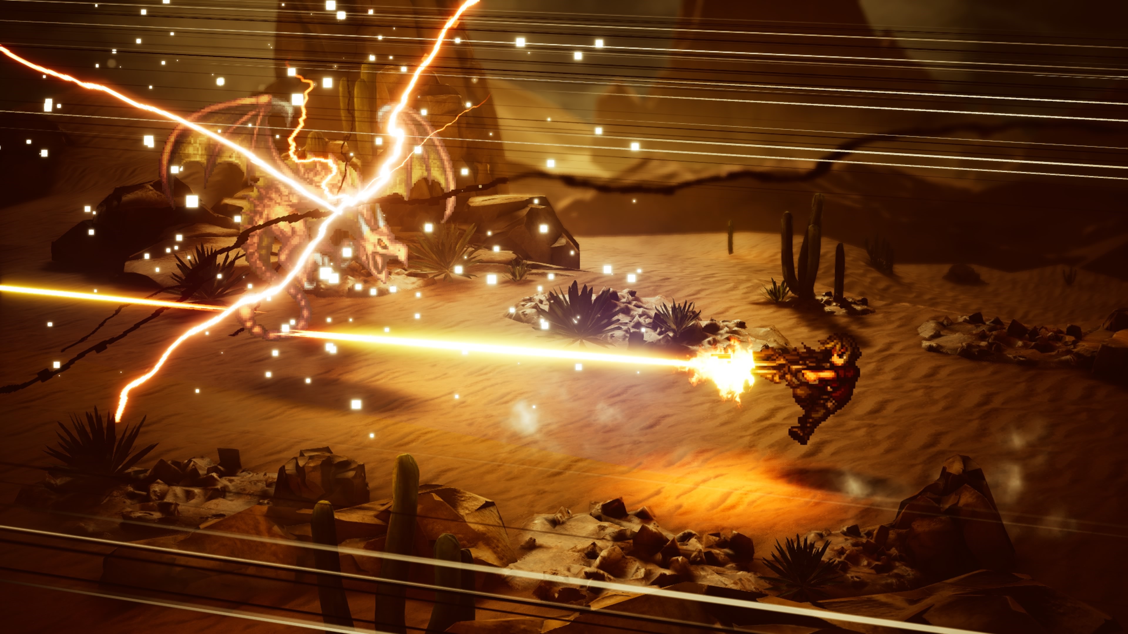 A pixel-art character fires a weapon amid bright attack effects in a desert battle.
