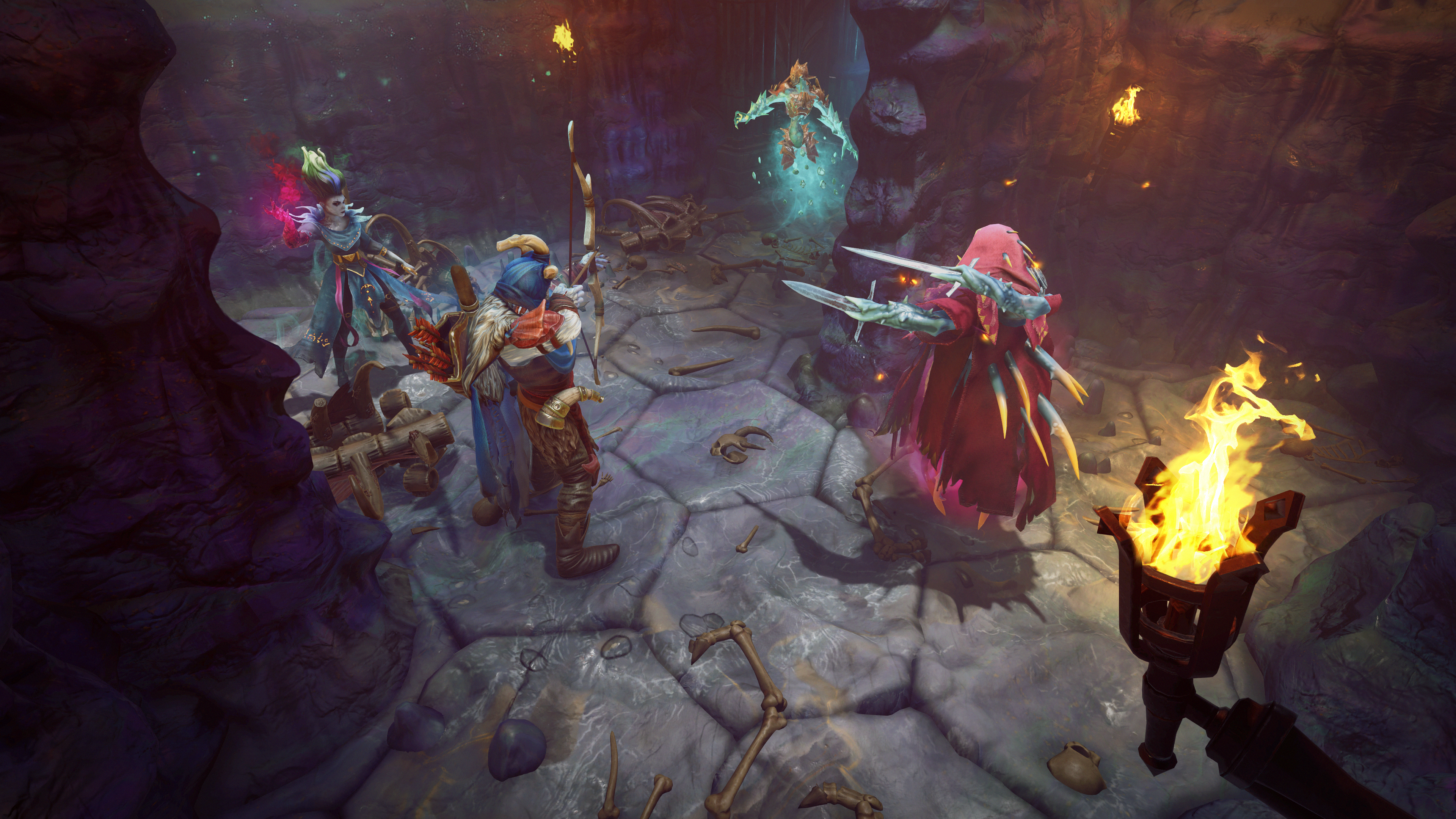 Adventurers confront a floating figure in a torchlit rocky chamber.