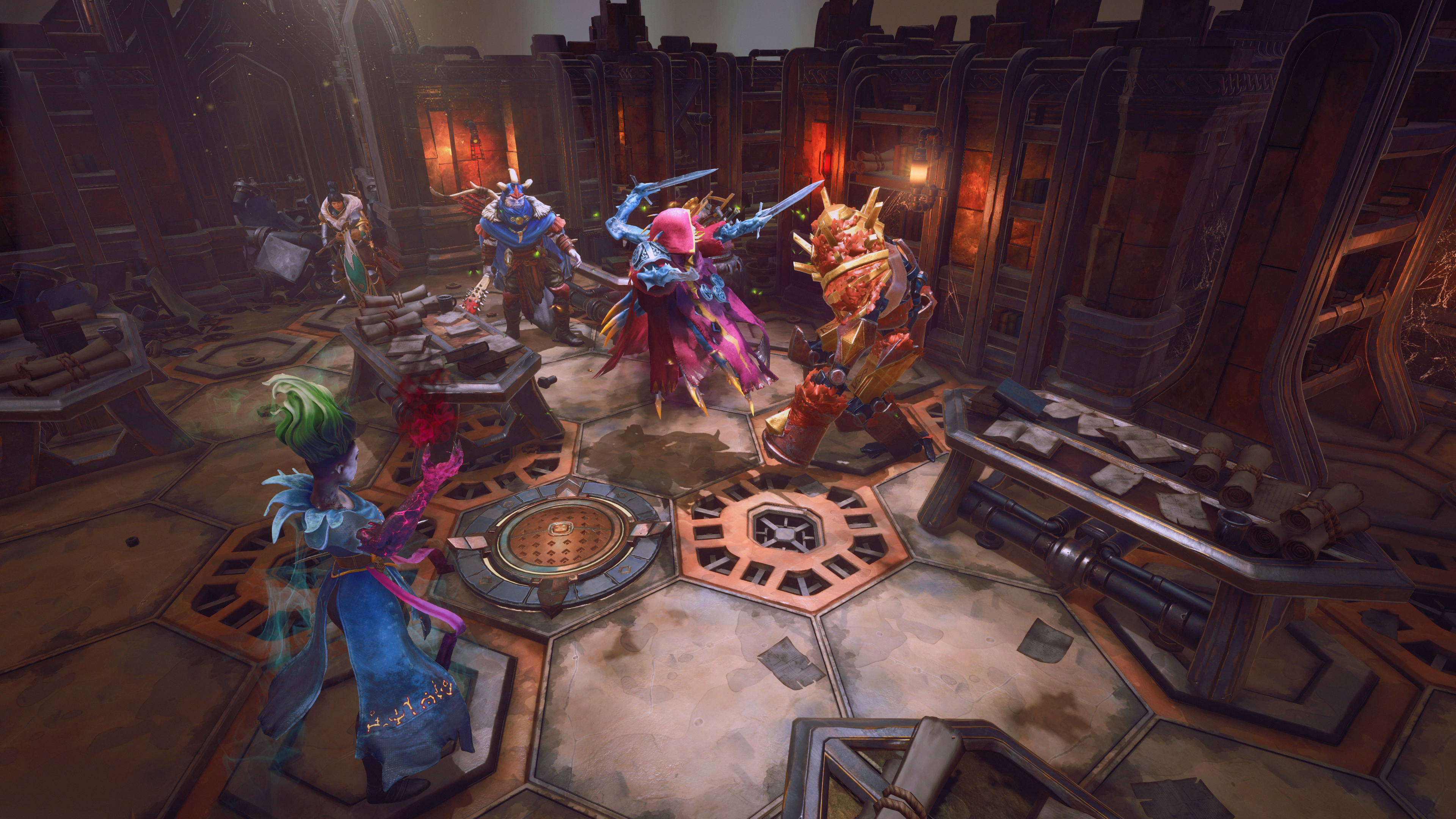 A party faces armored enemies on metal platforms and exposed gears.
