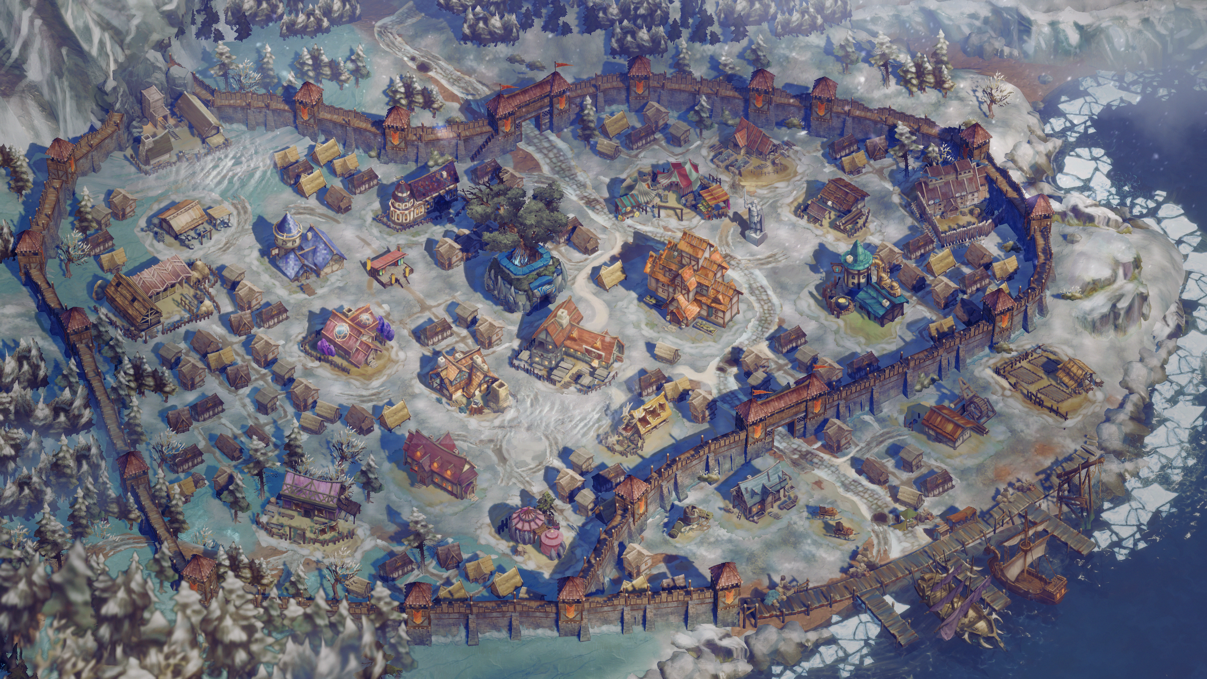 A snowy settlement of timber buildings stands within a fortified wall.
