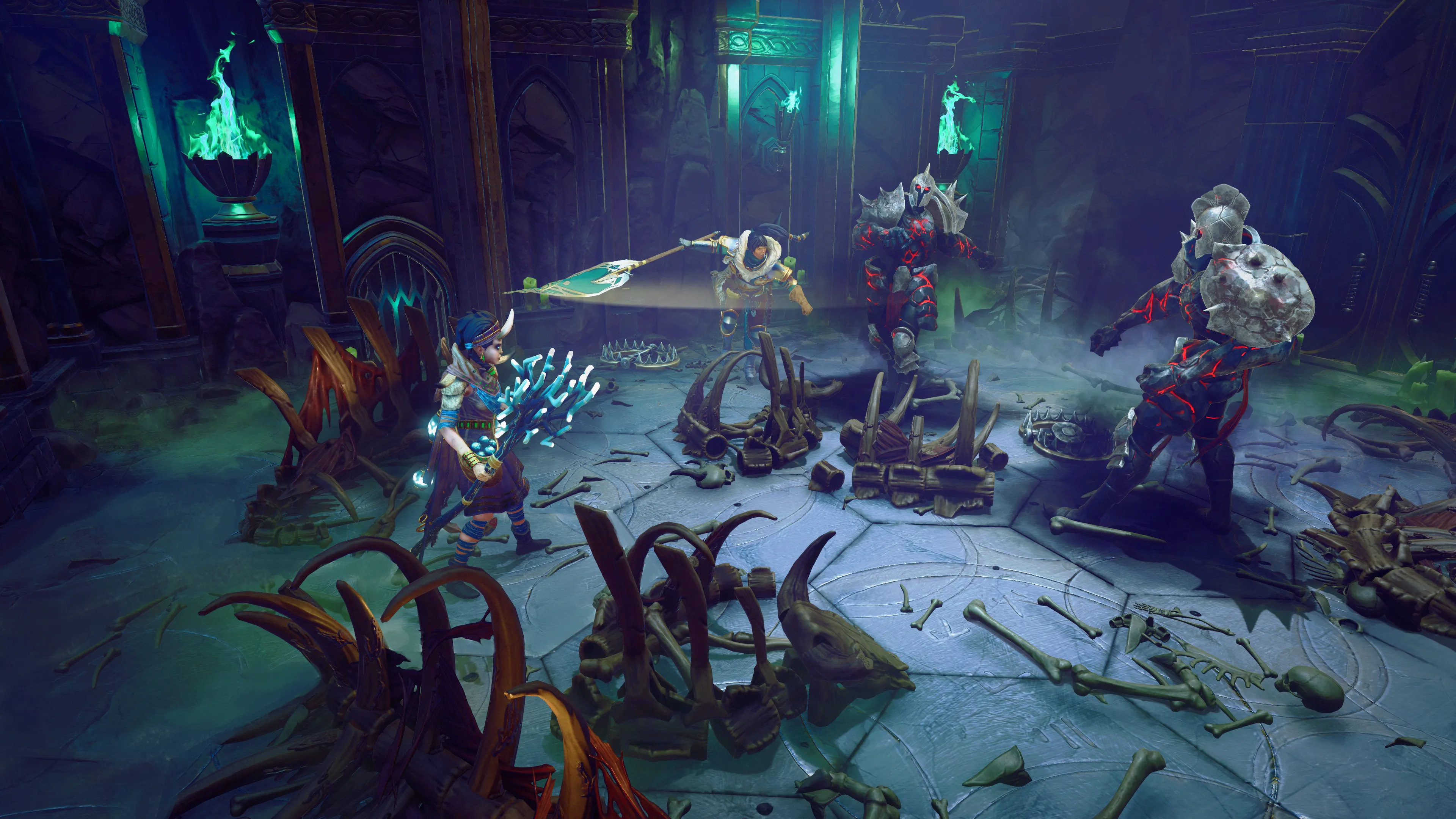 Adventurers face armored stone enemies in green-lit ruins.