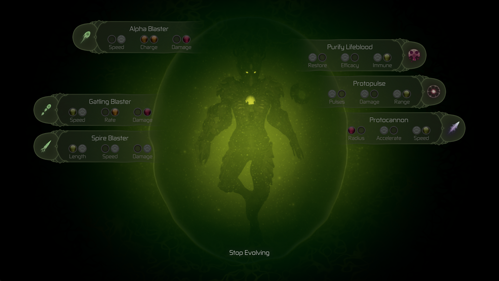 A green organic upgrade screen surrounds a character silhouette with weapon and ability nodes.