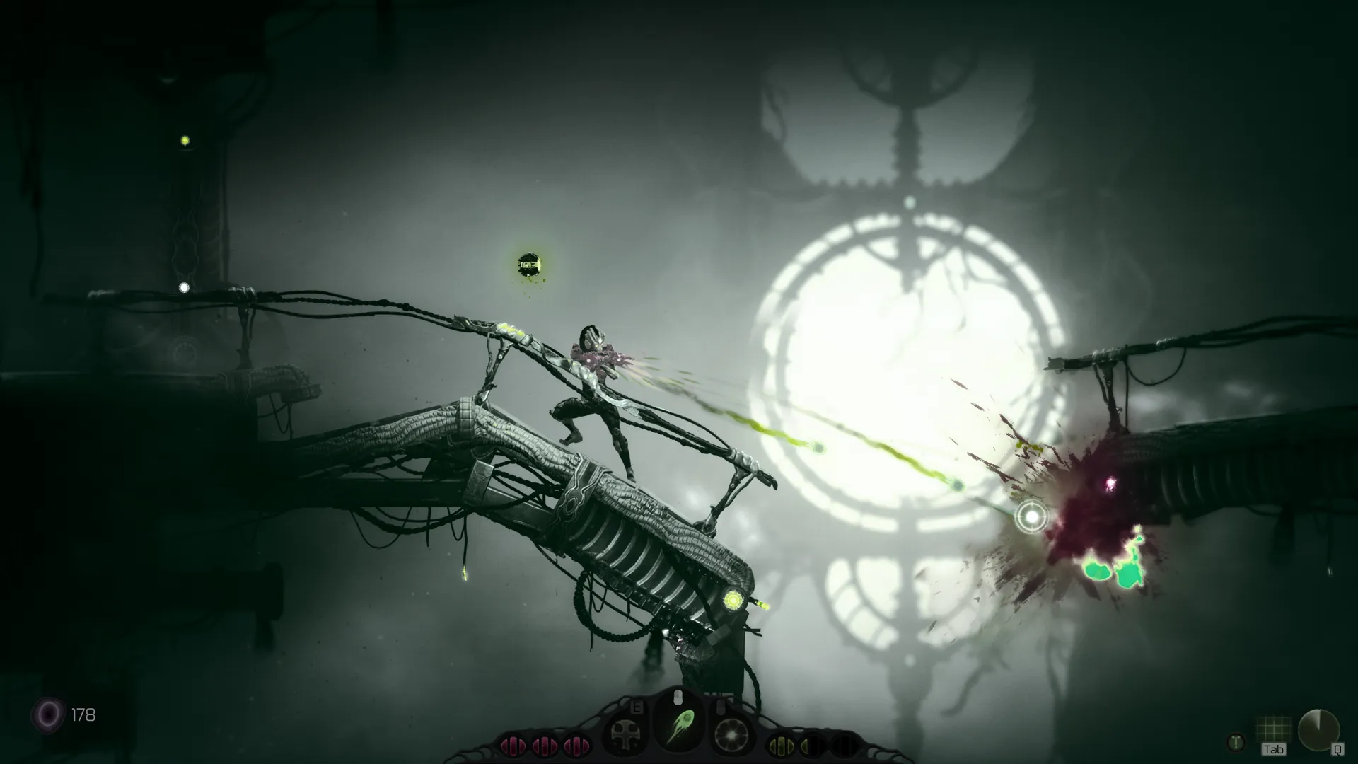Moadra fires at a creature across a sloping laboratory structure.