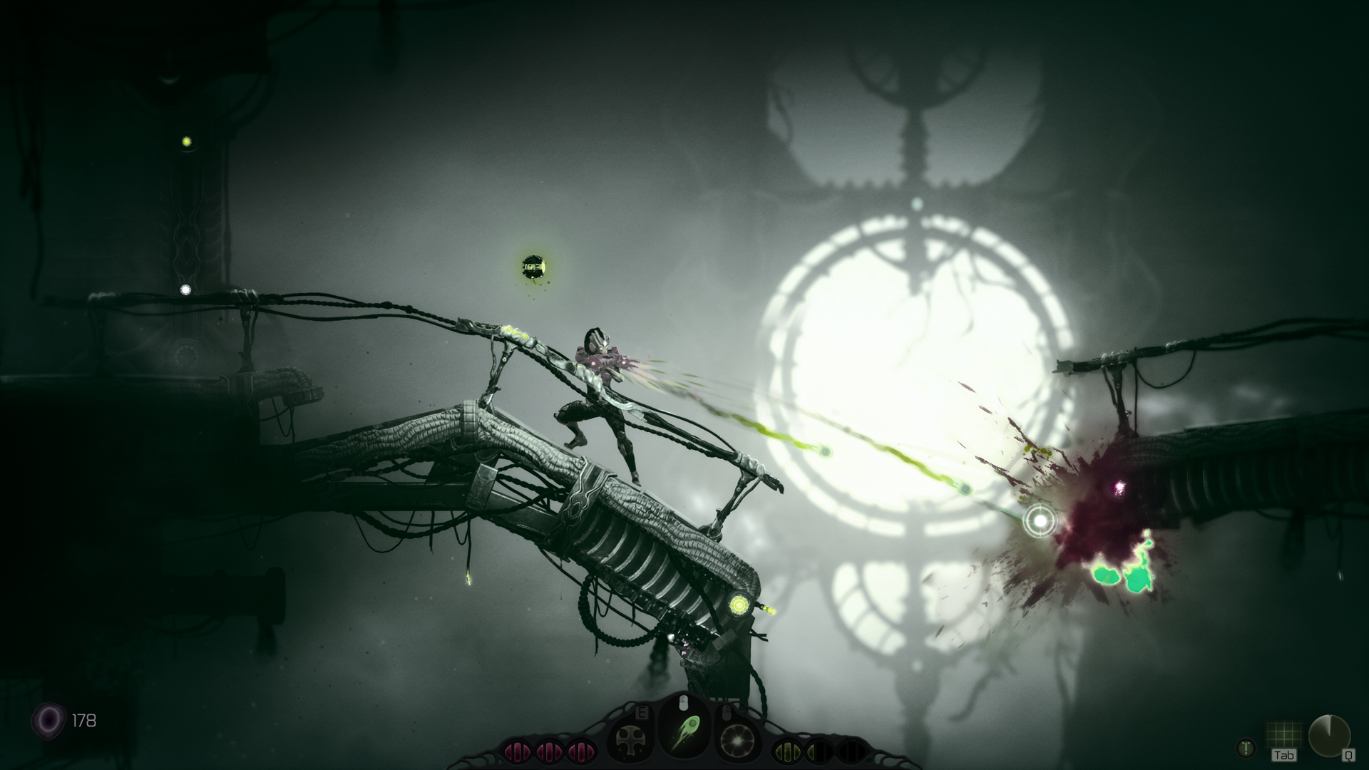 Moadra fires at a creature across a sloping laboratory structure.