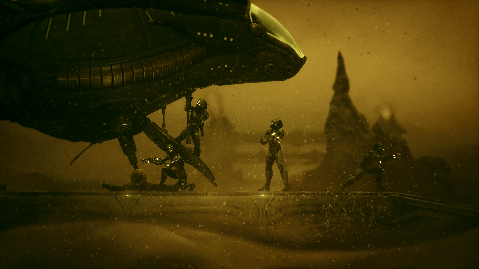 Armored figures gather beside a landing craft in a yellow, dusty alien landscape.