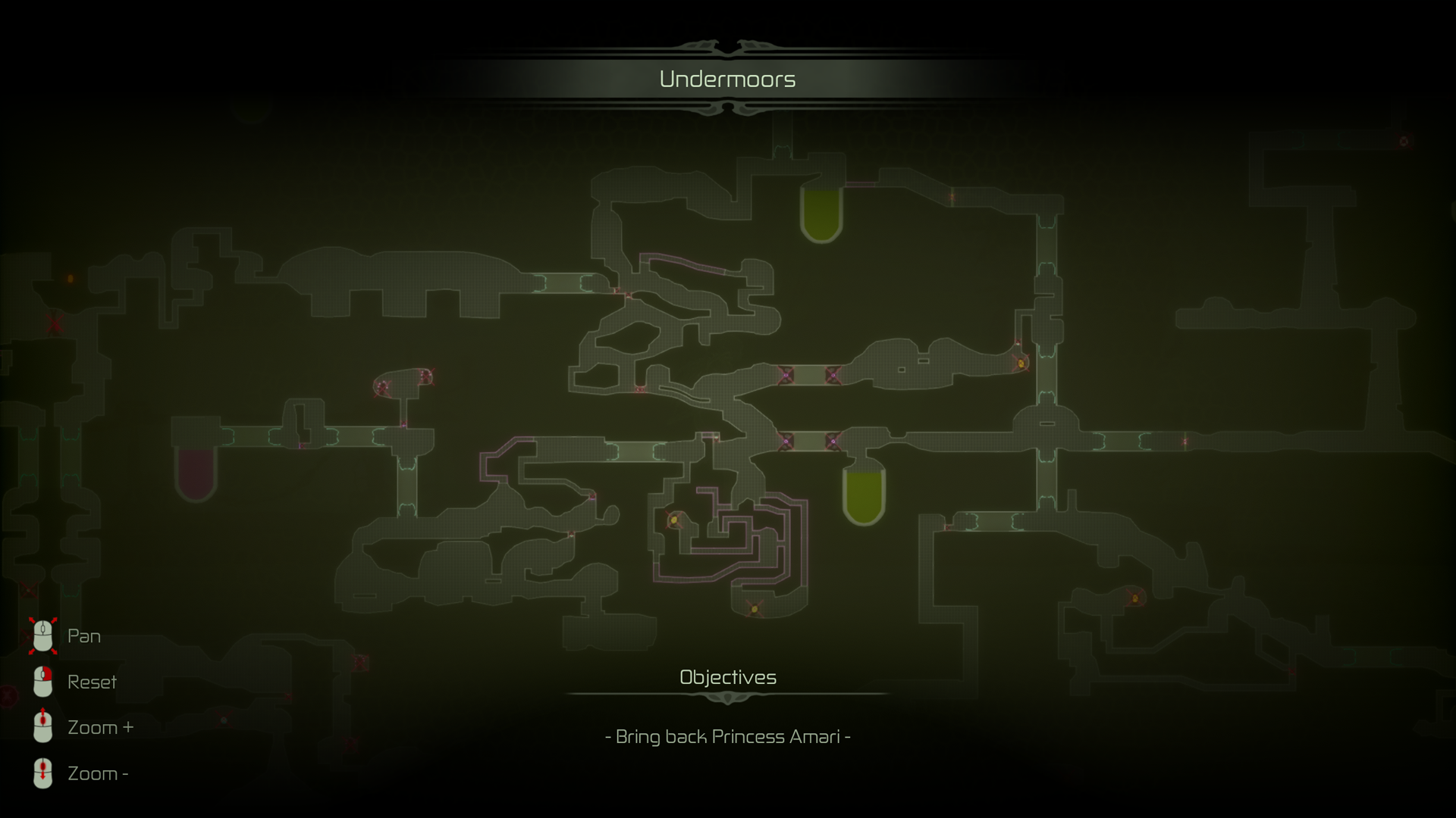 An interconnected room map labeled Undermoors shows colored passages, navigation controls and an objective.