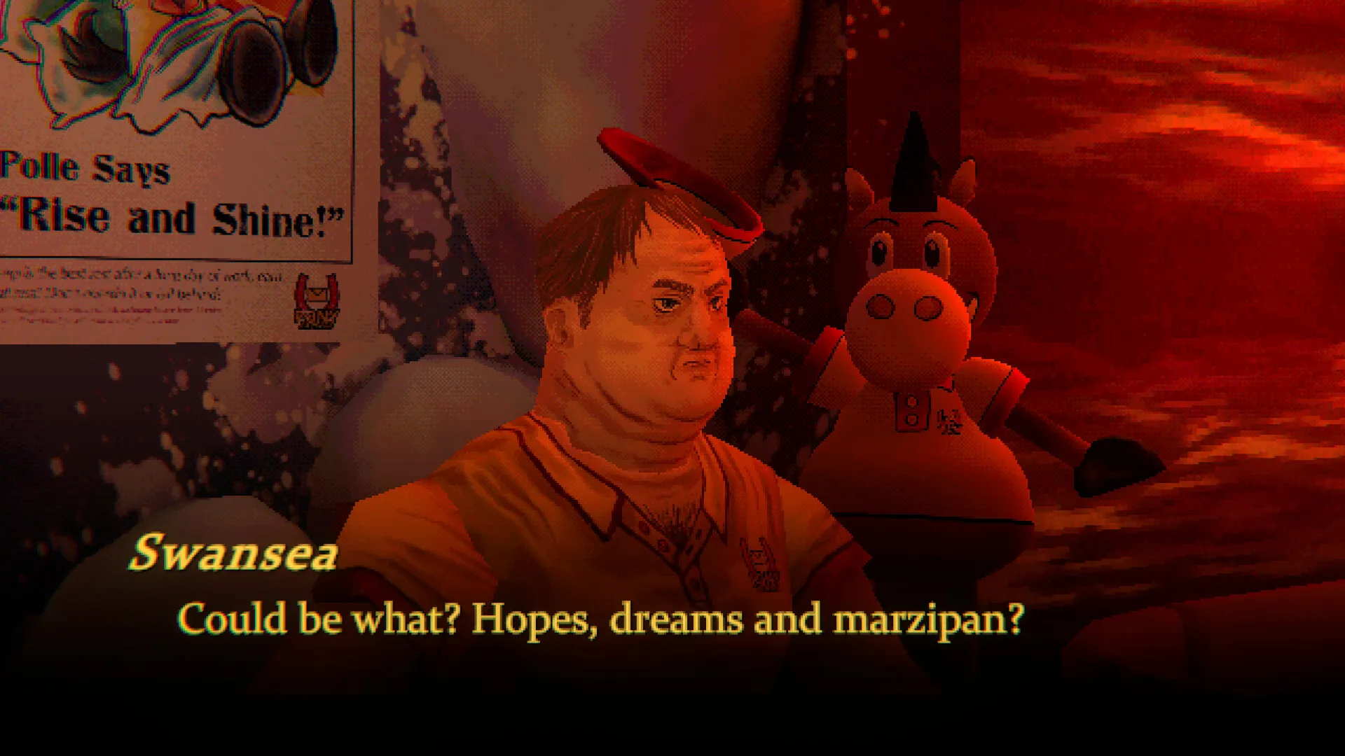Swansea sits beside a cartoon horse mascot in a red-lit room.