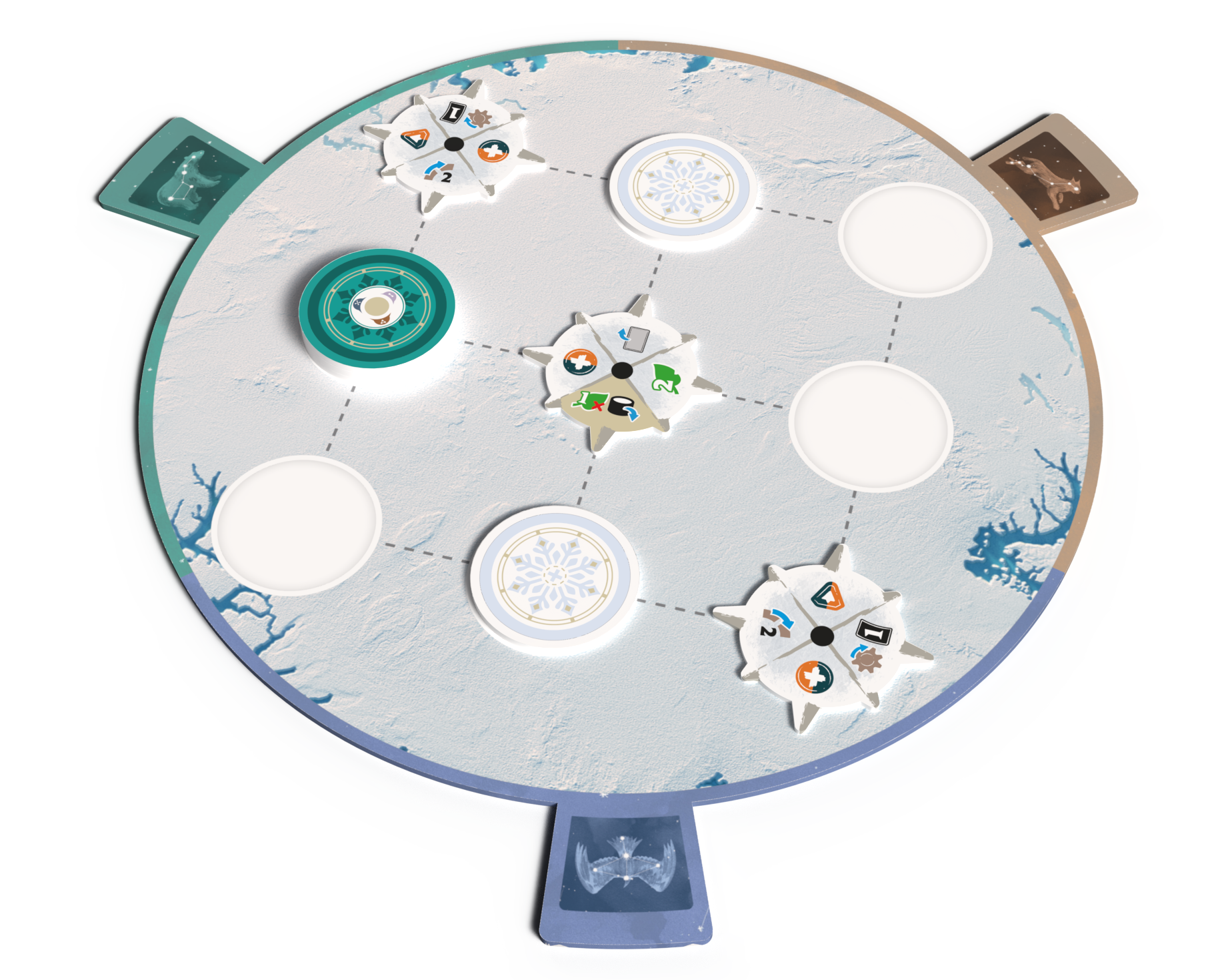 Official ARCTICA central-board illustration with overlapping action wheels and marked action spaces.