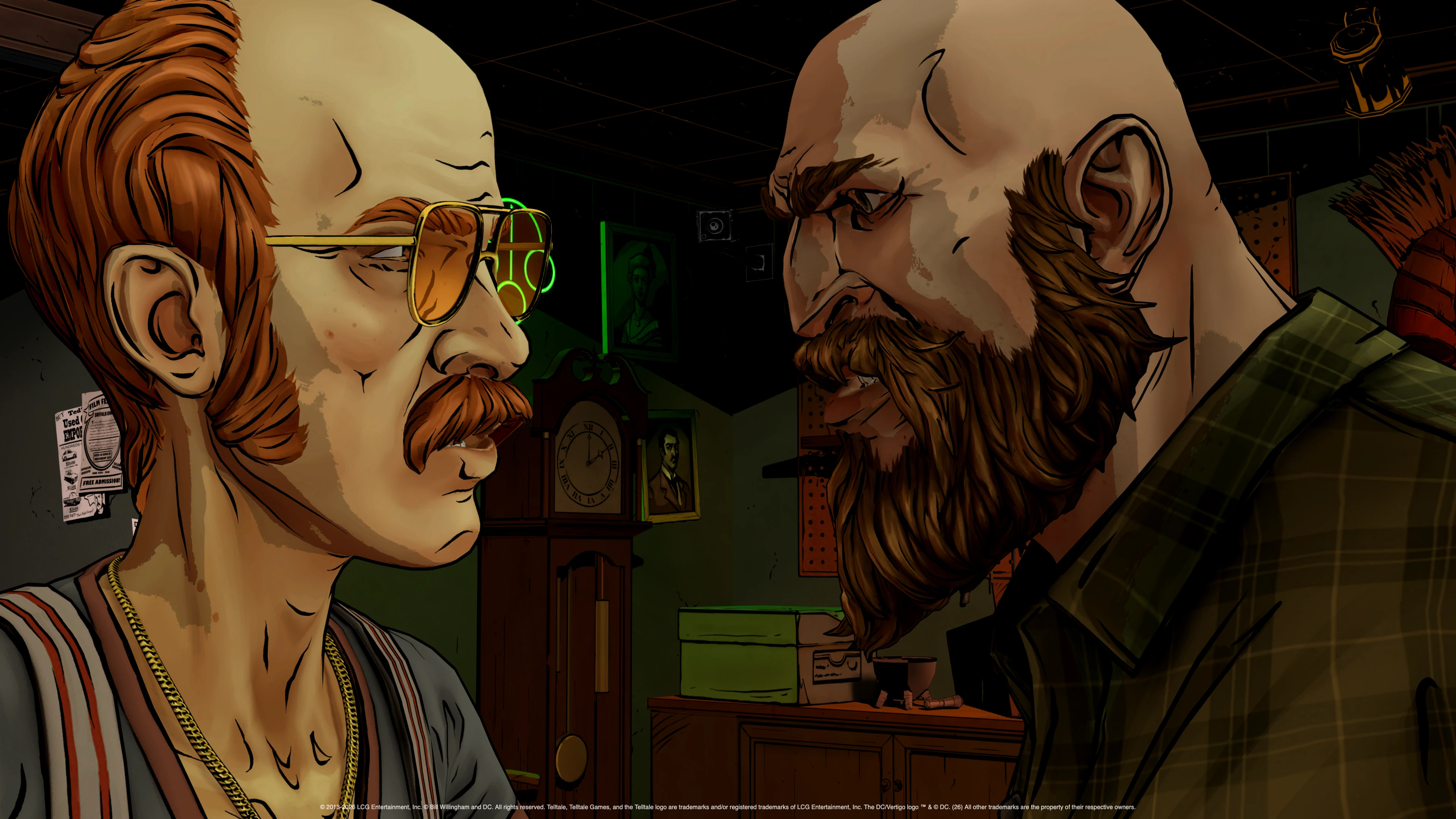 Two characters face each other in a green-lit bar in The Wolf Among Us Remastered.