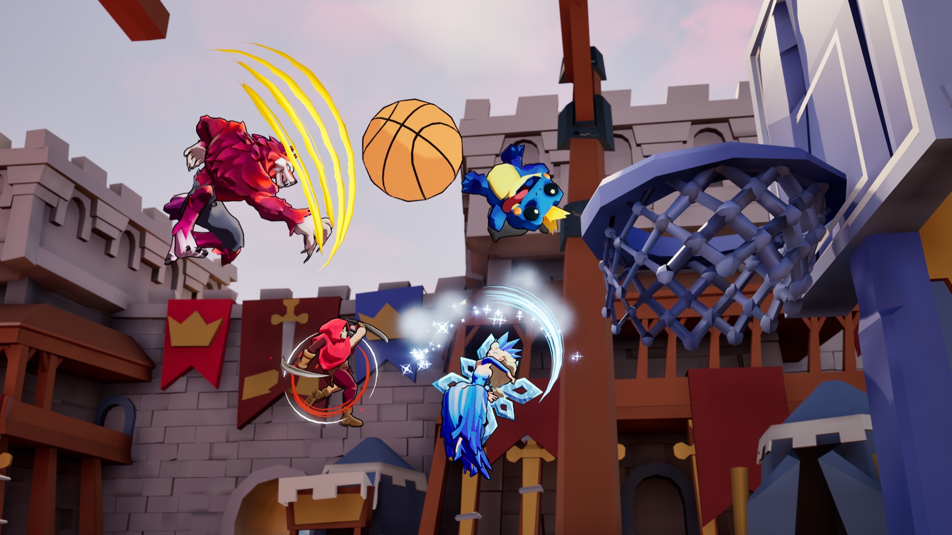 Storybook fighters contest a basketball near a hoop in a castle arena.