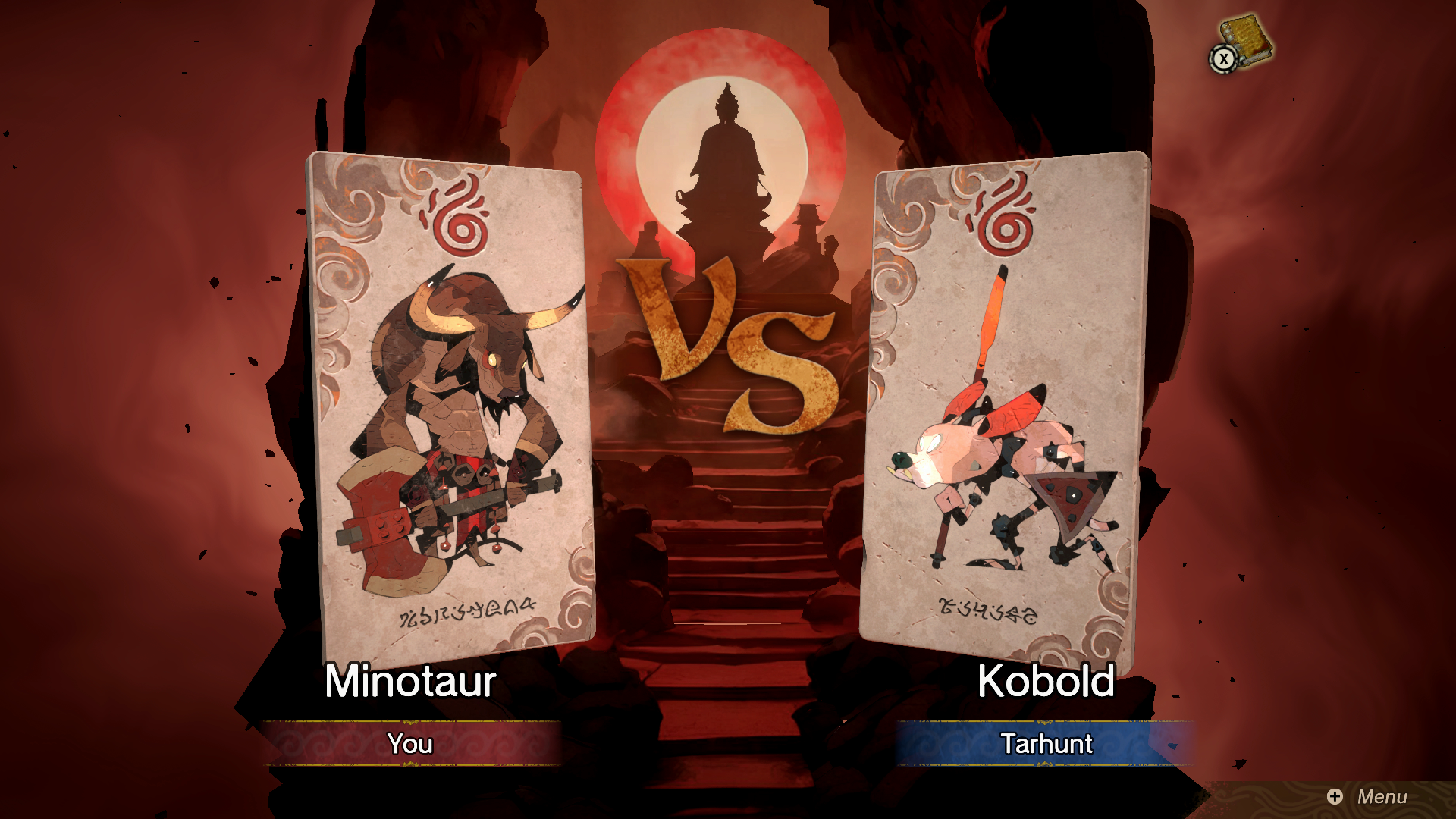 Minotaur and Kobold cards face each other on a battle screen with a red sky.