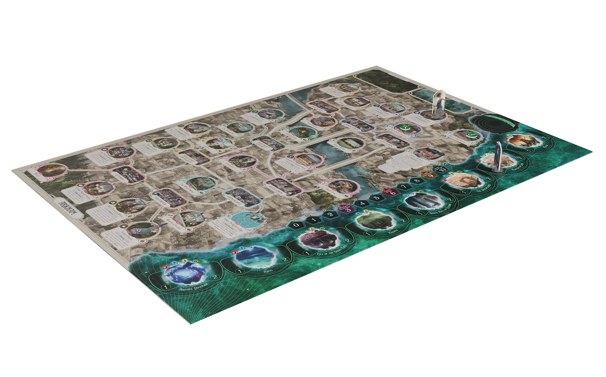 Official Arkham Horror: Remastered board image showing Arkham locations, streets and the Other Worlds areas.