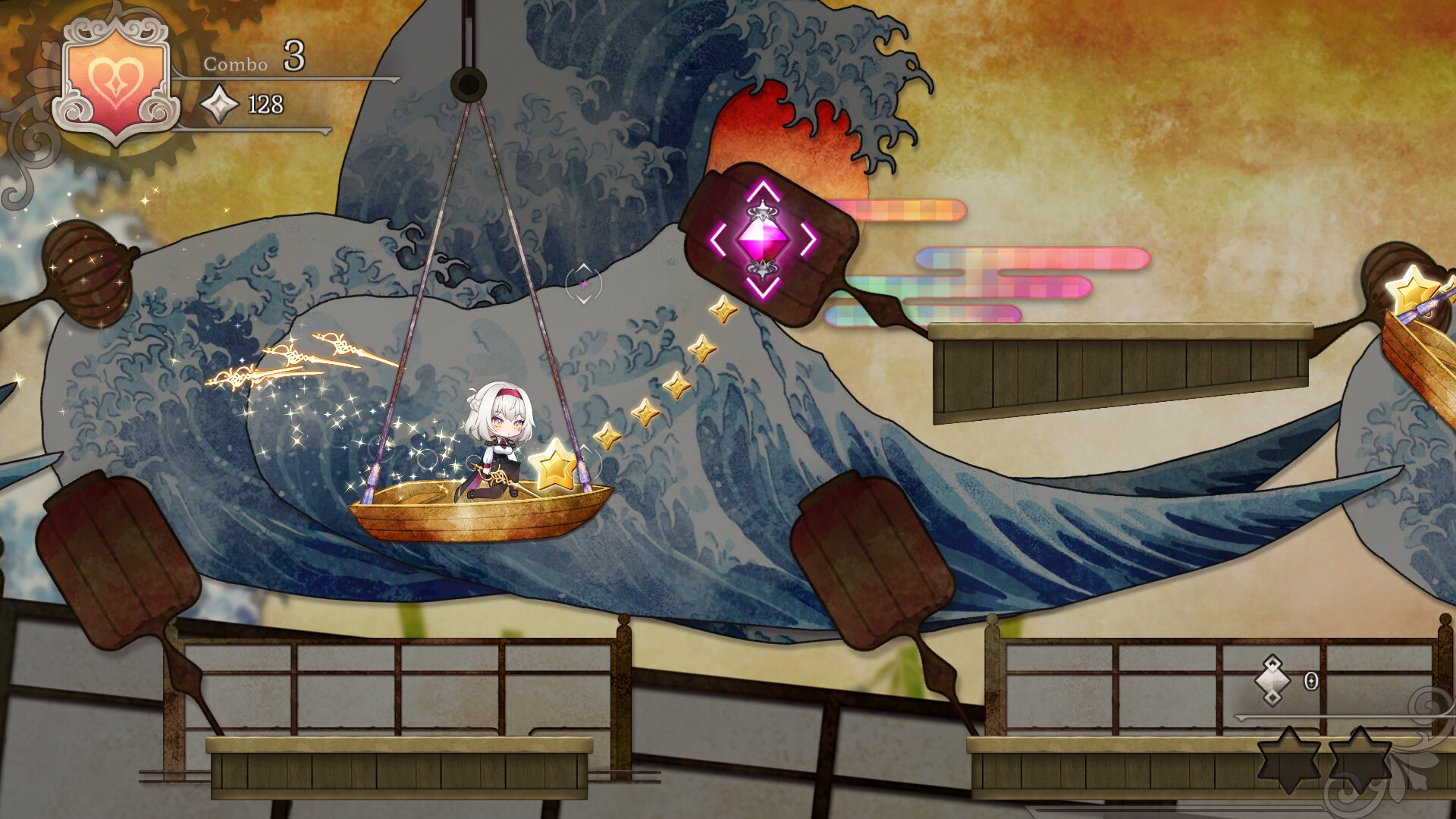 A character rides a suspended boat amid painted waves, stars and rhythm markers.