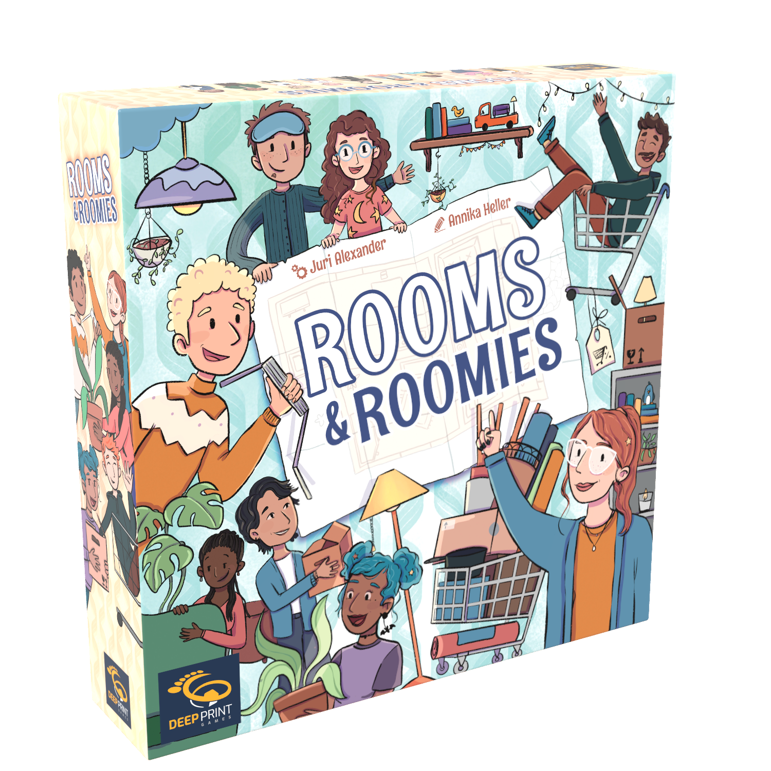 Rooms & Roomies game box illustrated with people, furniture, plants and shopping carts.