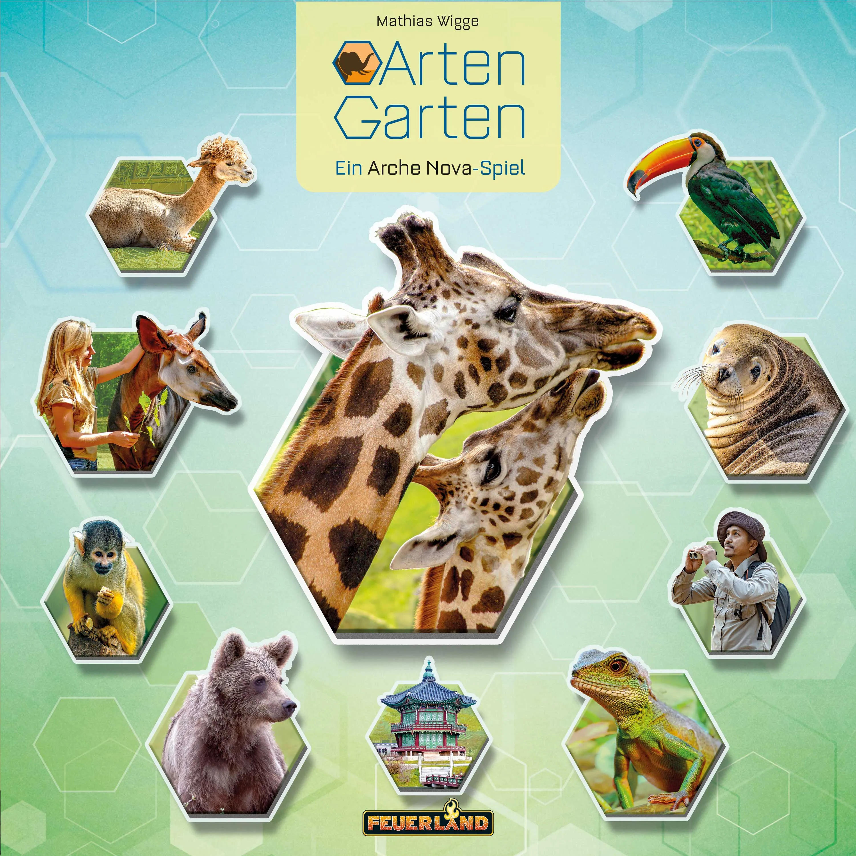 Artengarten cover with giraffes and other animals inside hexagons.