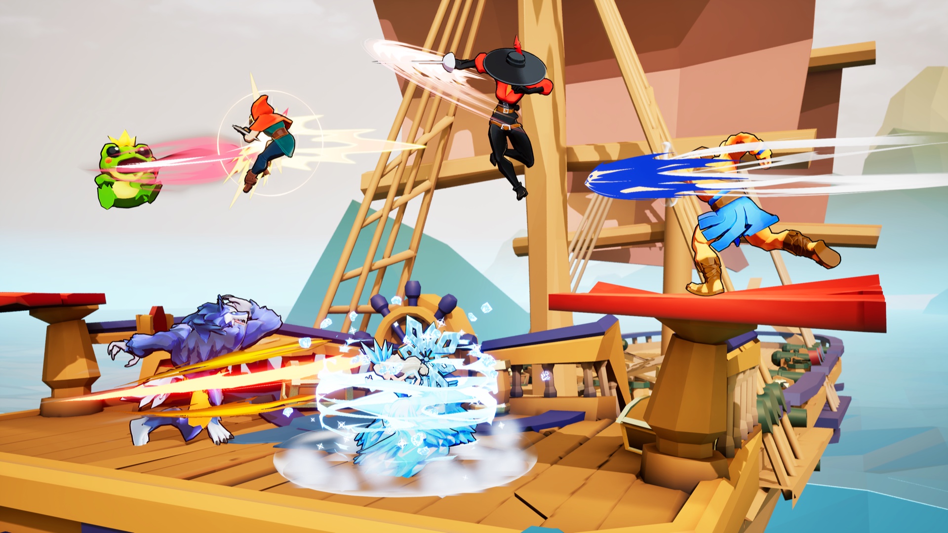 Six storybook fighters clash across platforms on a wooden ship.