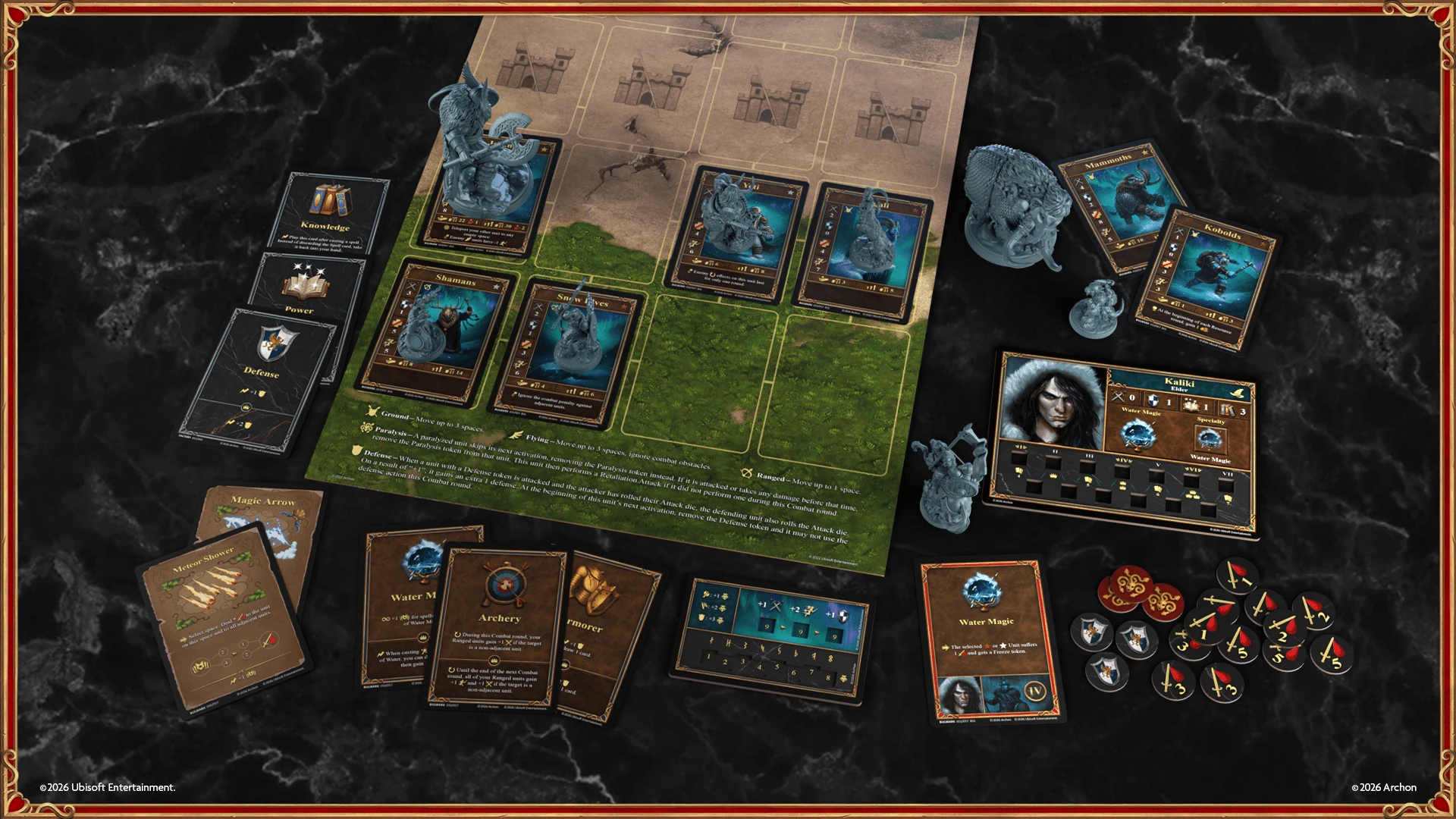 Official Bulwark promotional component spread showing a battlefield board, blue miniatures, unit cards, hero board and tokens.