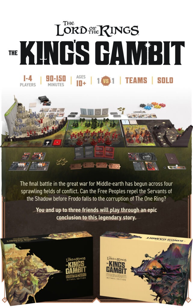 Official work-in-progress layout of The King's Gambit, with linked battlefield boards, miniature armies and two edition boxes.