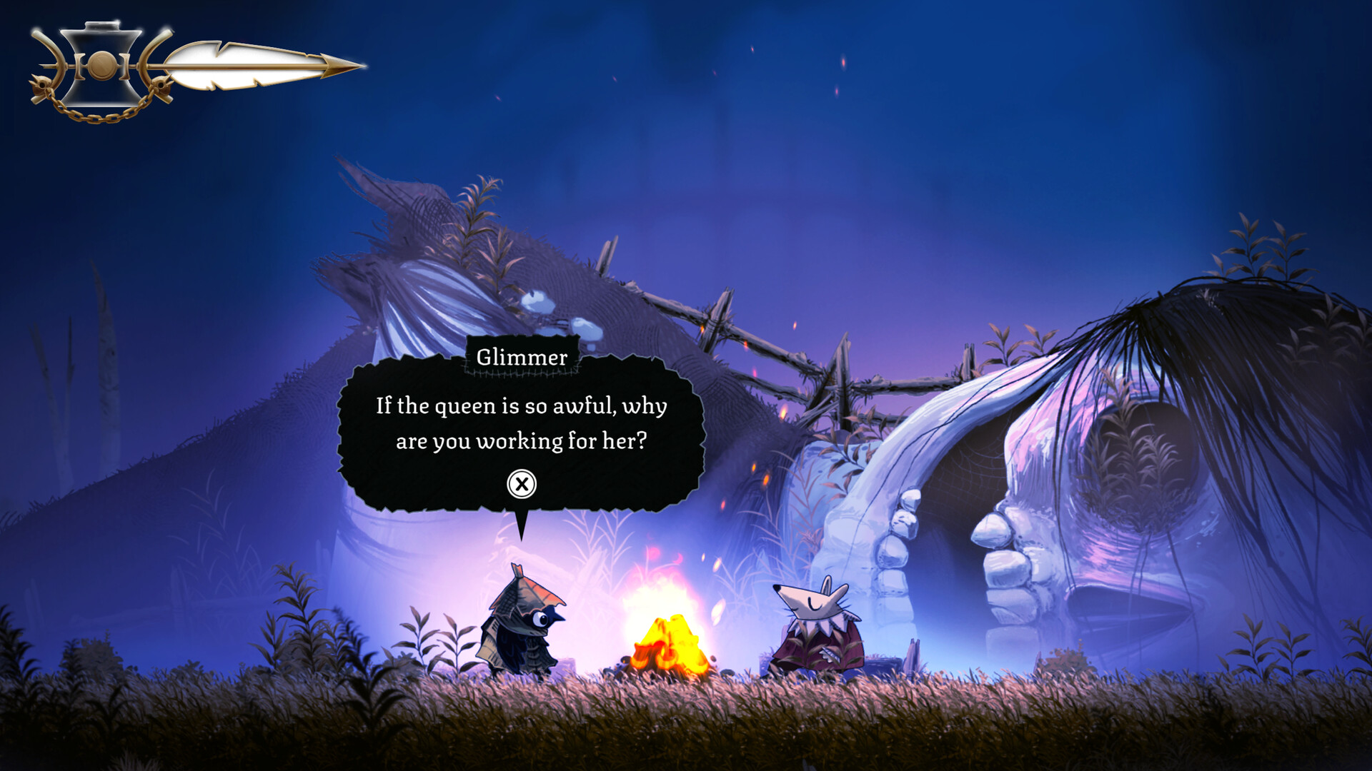 Glimmer speaks with another character beside a campfire outside a round hut in a purple landscape.