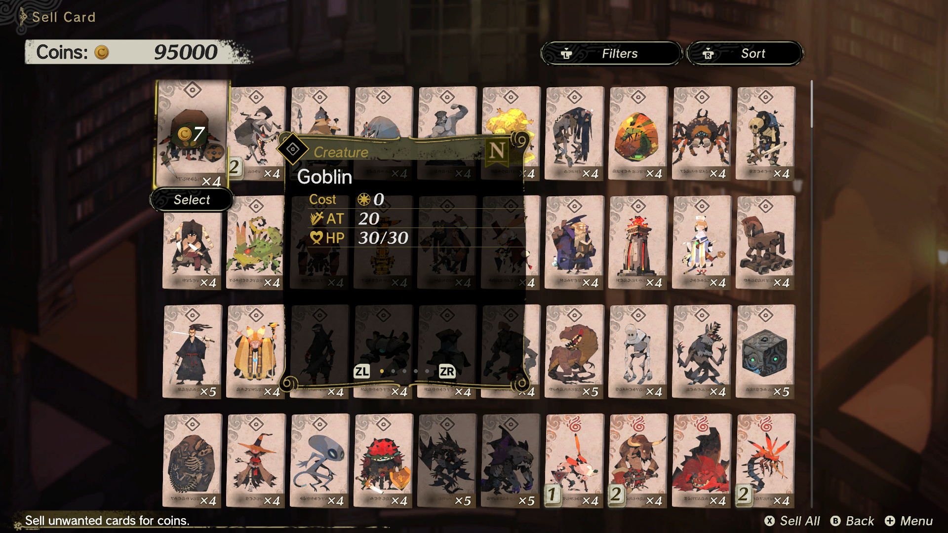 Rows of illustrated creature cards in the Sell Card menu, with Goblin selected.