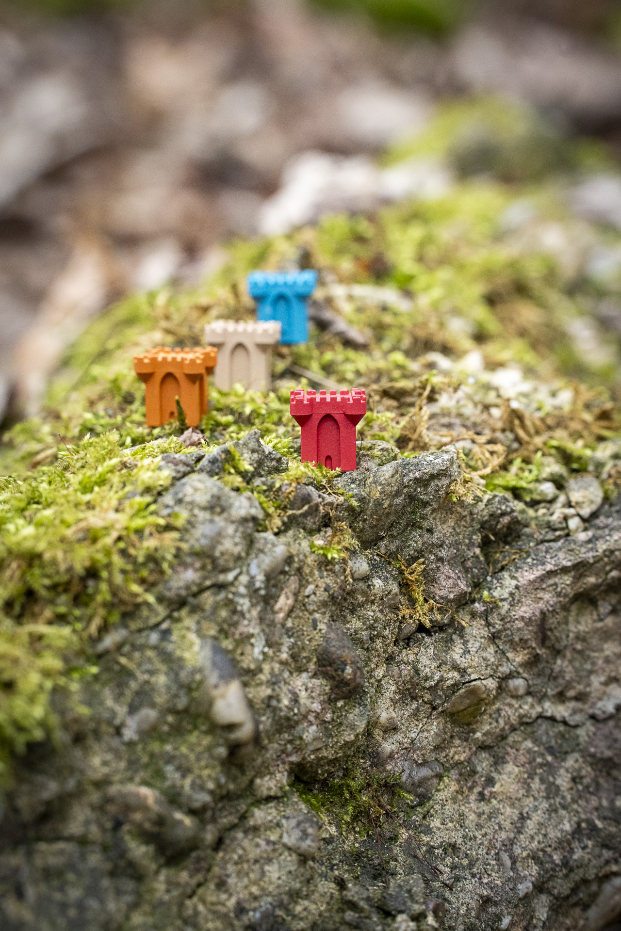 Red, orange, pale and blue Rebirth castle pieces arranged on mossy rocks.