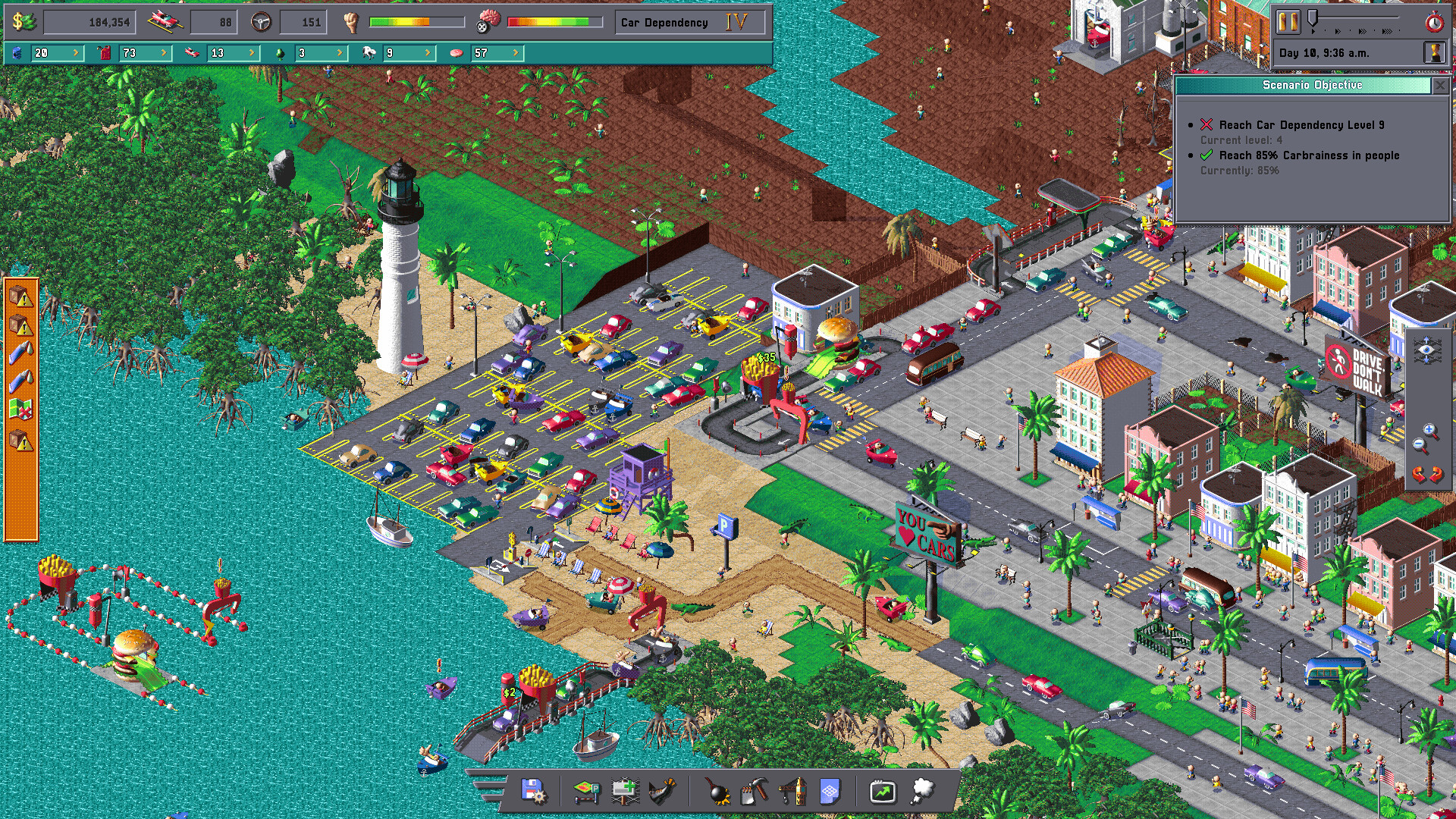 An island parking lot, palm trees and a lighthouse sit beside turquoise water, with scenario objectives visible.
