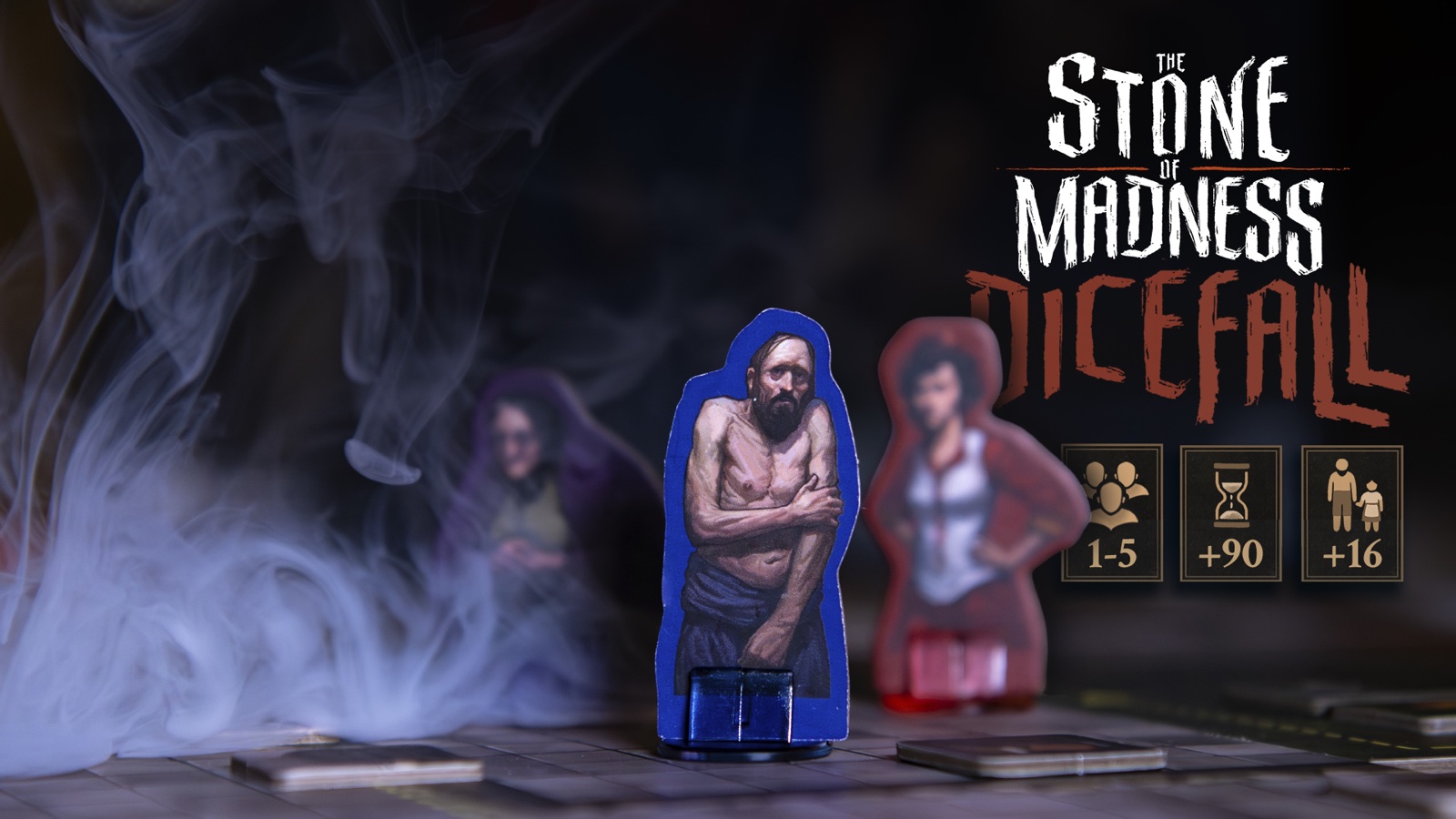 Official Gamefound promotional image of The Stone of Madness: Dicefall game components, including board, cards, dice, and character pieces.