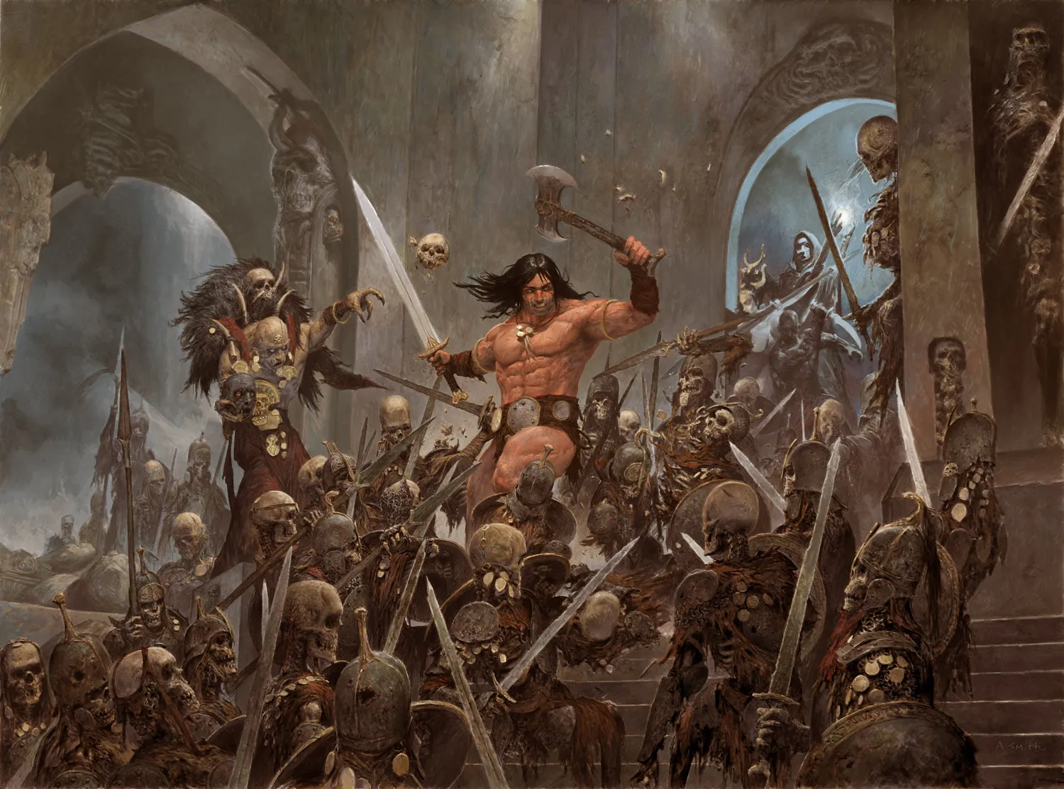 Official Conan campaign artwork showing the barbarian fighting skeletal warriors inside a ruined hall.
