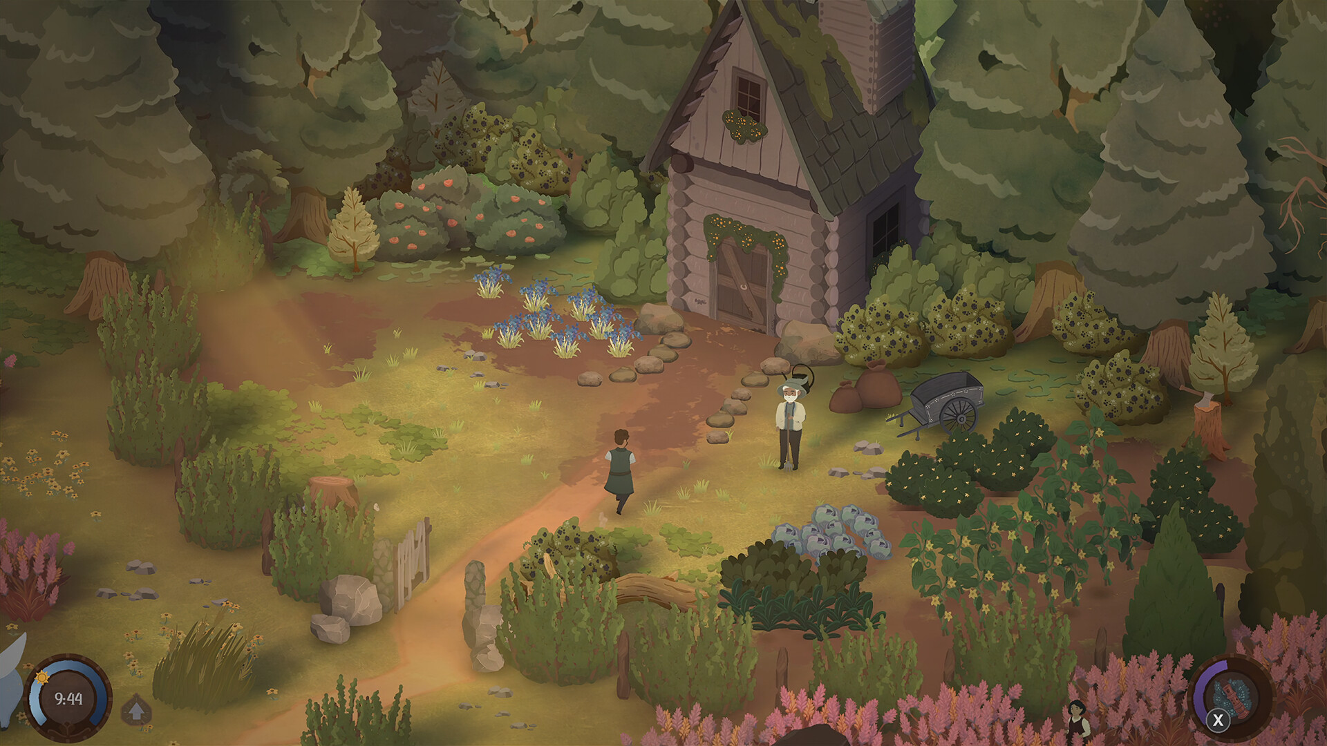 Two characters meet outside a woodland cottage surrounded by flowers in Songs of Glimmerwick.