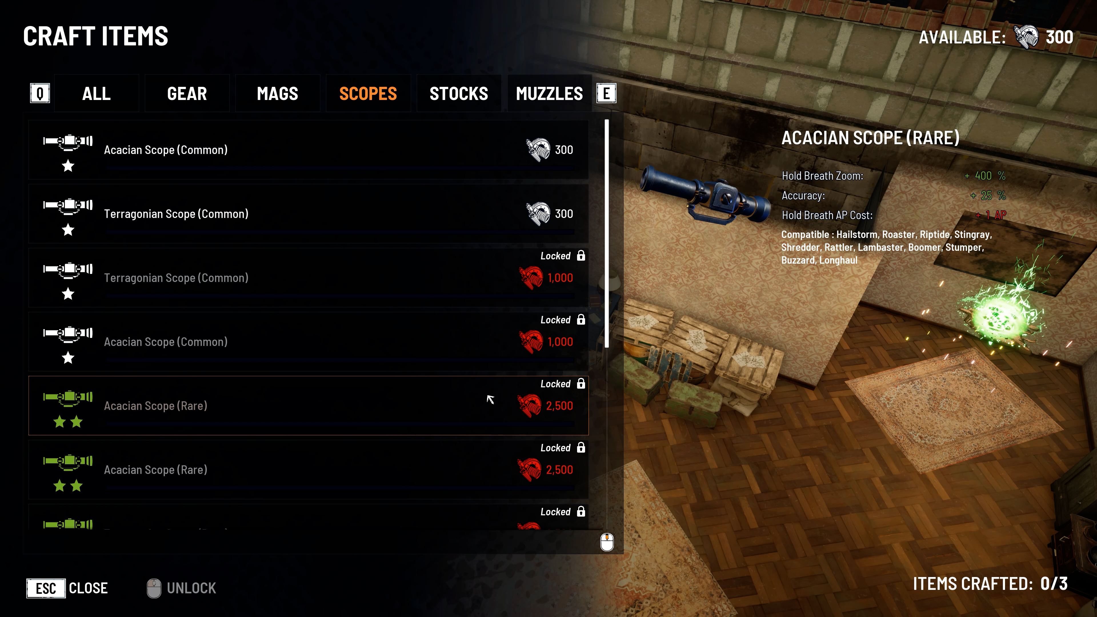 The crafting menu lists scopes and displays an Acacian Scope's bonuses and compatible weapons.