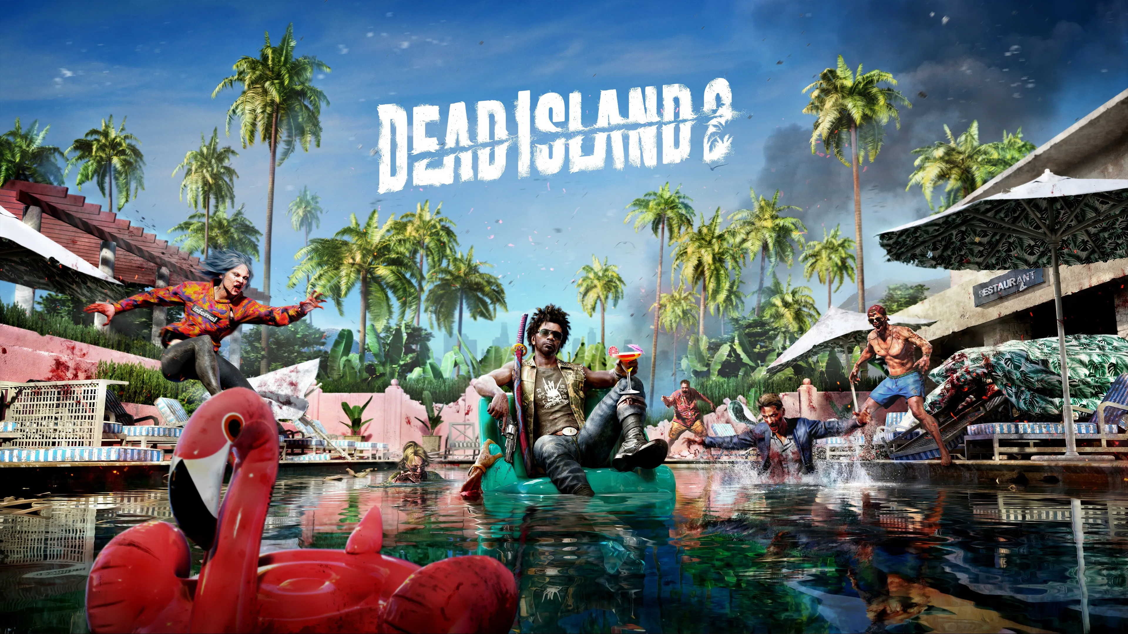 Dead Island 2 promotional art with a man reclining in a pool surrounded by zombies.