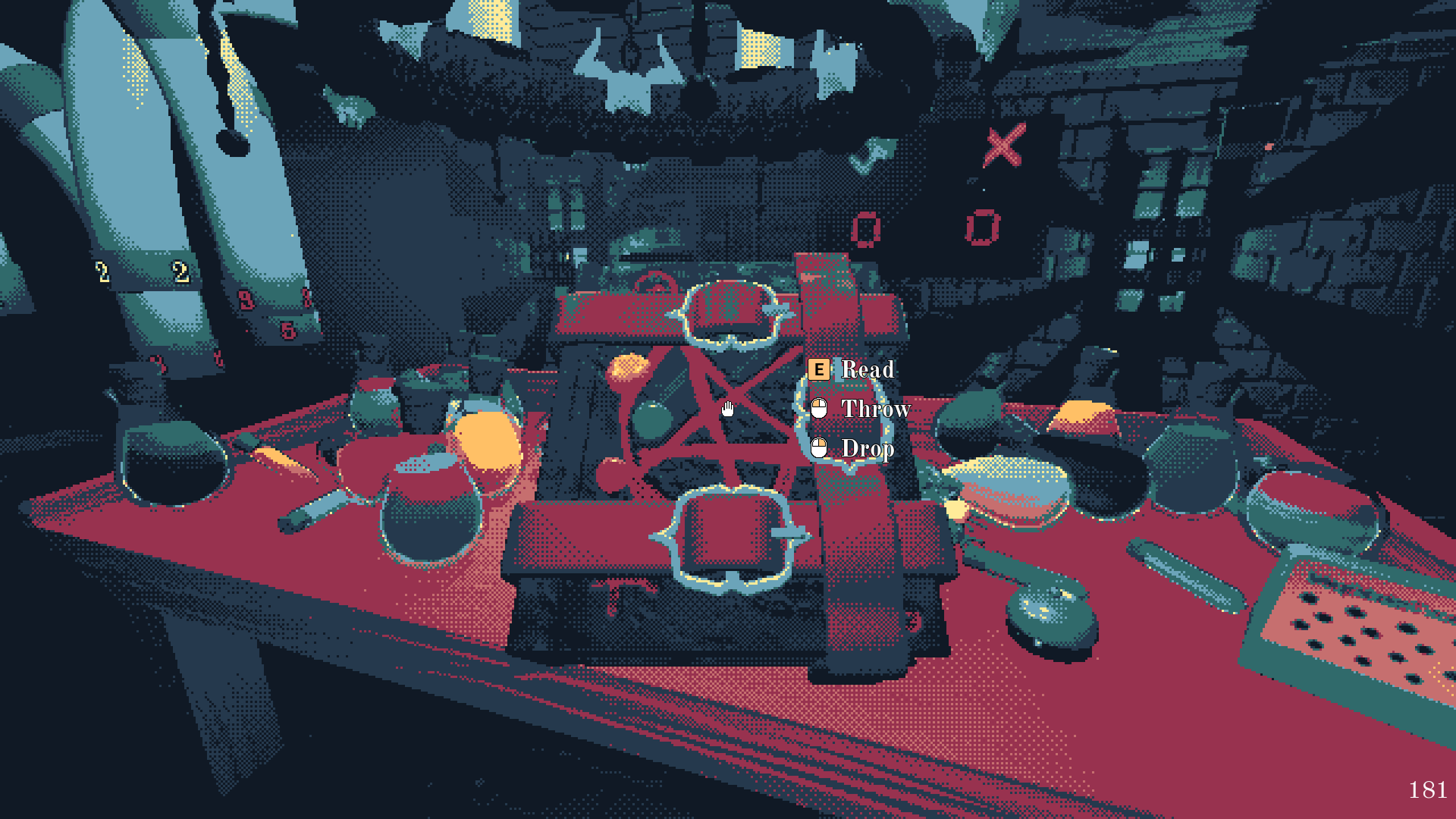 A held letter above The Mailroom's red workstation, with Read, Throw and Drop prompts beside it.