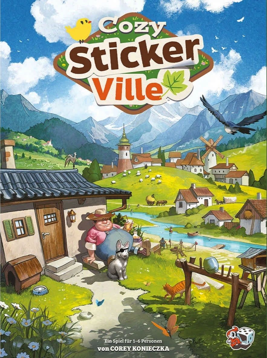 Official Spiel des Jahres press image for Cozy Stickerville, one of the 2026 main-prize nominees.