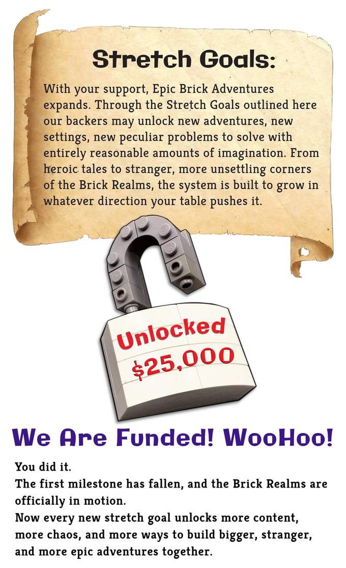 Official Epic Brick Adventures stretch-goal image from the Kickstarter campaign showing the project funded and the first milestone unlocked.