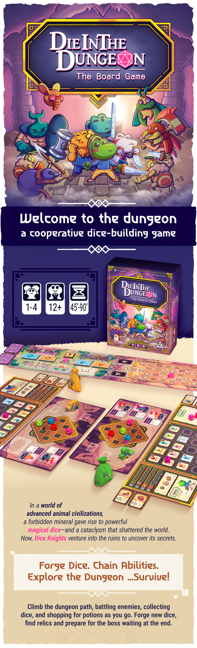 Official Die in the Dungeon: The Board Game campaign image showing the box, core player count icons, and a spread of the board, cards, and dice.