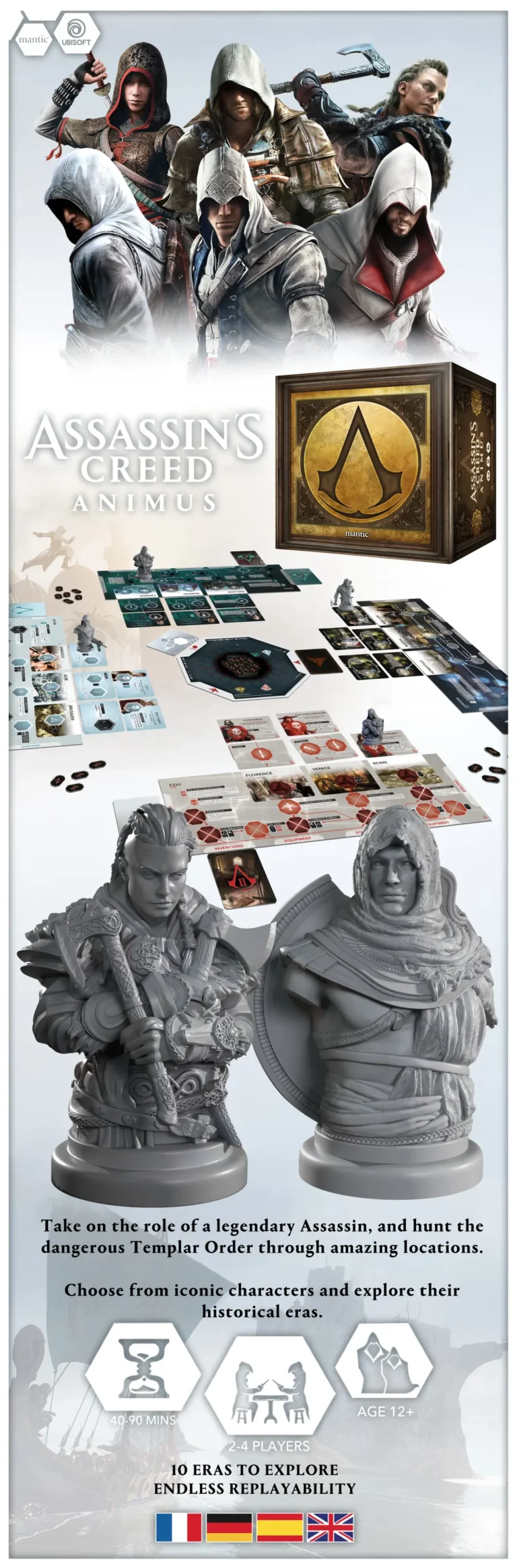 Official Assassin's Creed Animus campaign panel from Mantic Games showing tabletop adaptation artwork and components.
