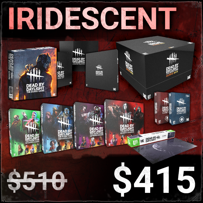 Official Gamefound image for the Dead by Daylight Auris campaign's Iridescent pledge, showing the all-in collection option.