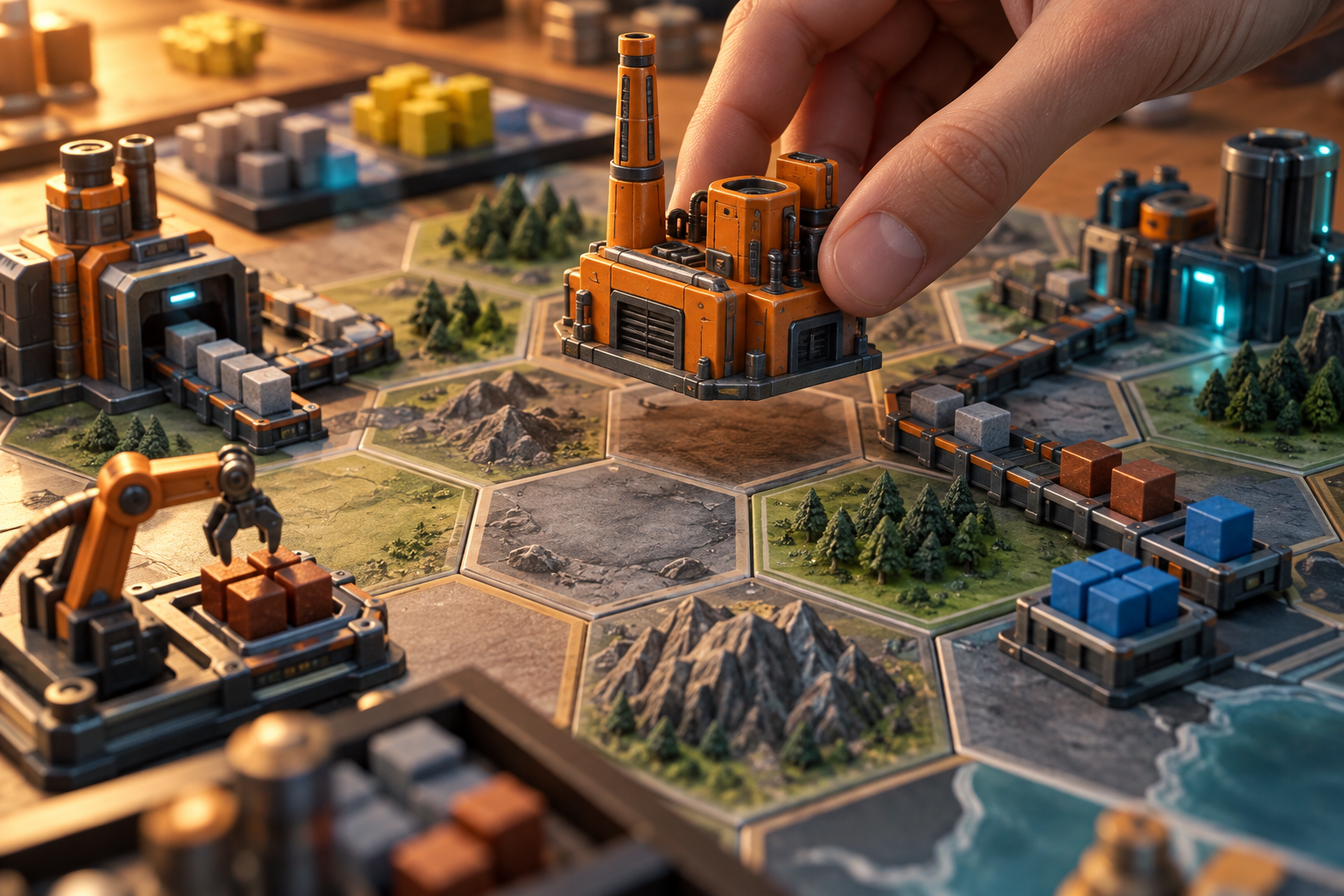 GameGuideDog editorial illustration of a hand placing an orange factory piece on a sci-fi hex-map tabletop board beside conveyor tiles and resource cubes.