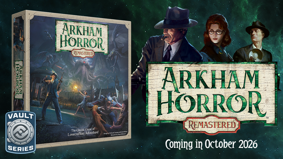 Official Gamefound image for Arkham Horror Remastered showing the box, investigators, Vault Series badge, and October 2026 timing.