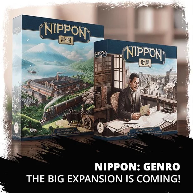 Official Nippon: Genro promotional image from CrowD Games showing the expansion and base game boxes before the Kickstarter launch.