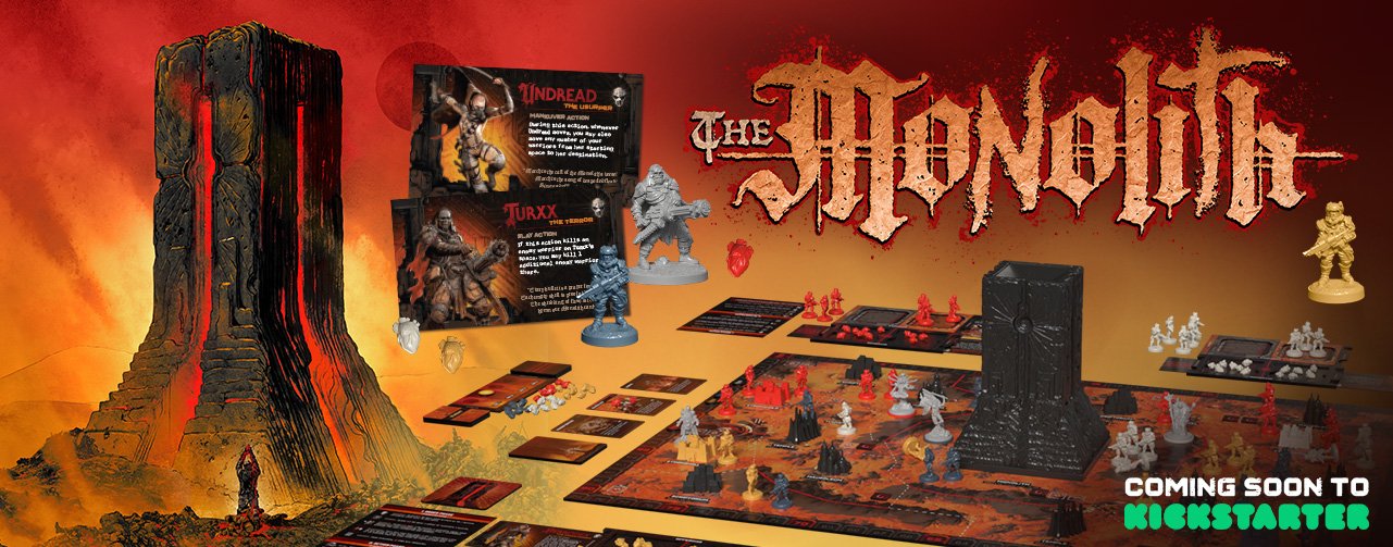 Official Plaid Hat Games header art for The Monolith preview, showing the coming-soon Kickstarter campaign imagery.